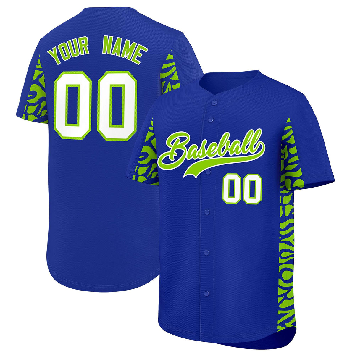 Custom Royal Neon Green Personalized Leopard Graffiti Pattern Side Design Authentic Baseball Jersey