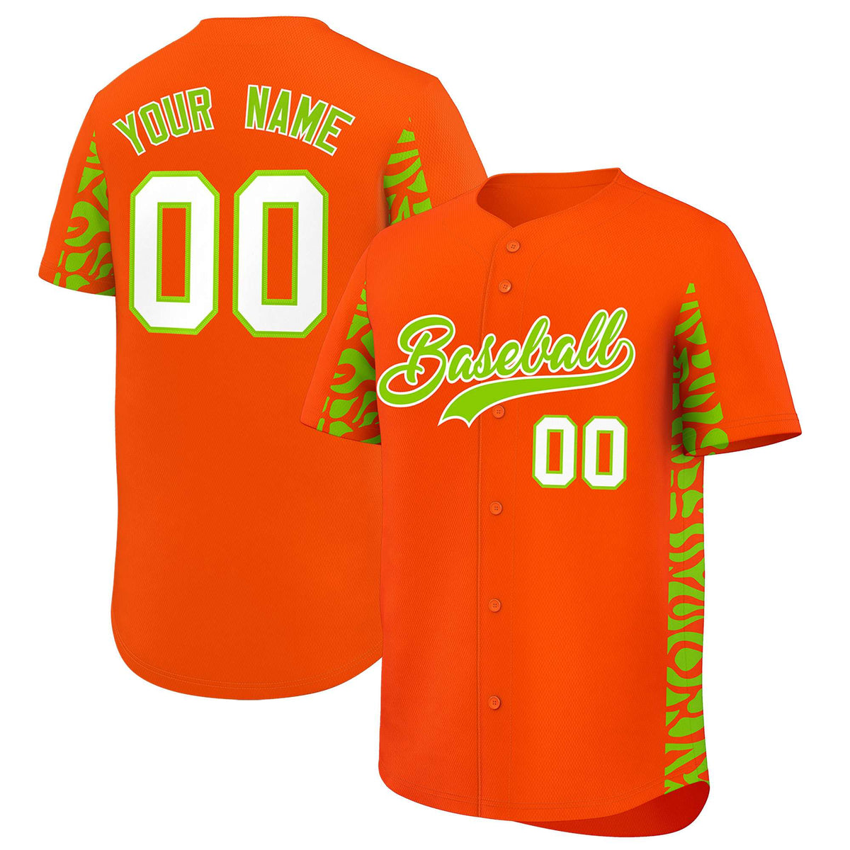 Custom Orange Neon Green Personalized Leopard Graffiti Pattern Side Design Authentic Baseball Jersey