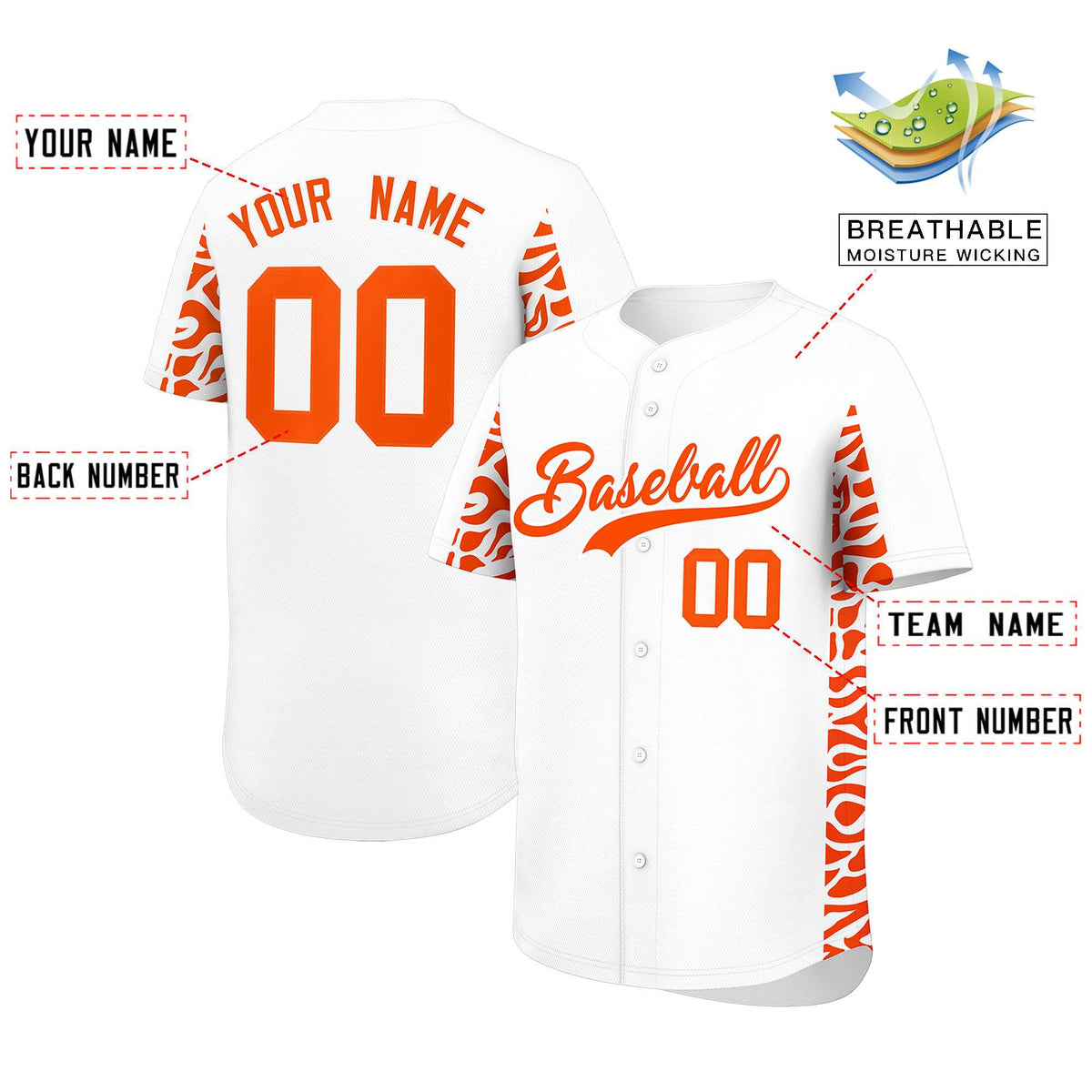 Custom White Orange Personalized Leopard Graffiti Pattern Side Design Authentic Baseball Jersey