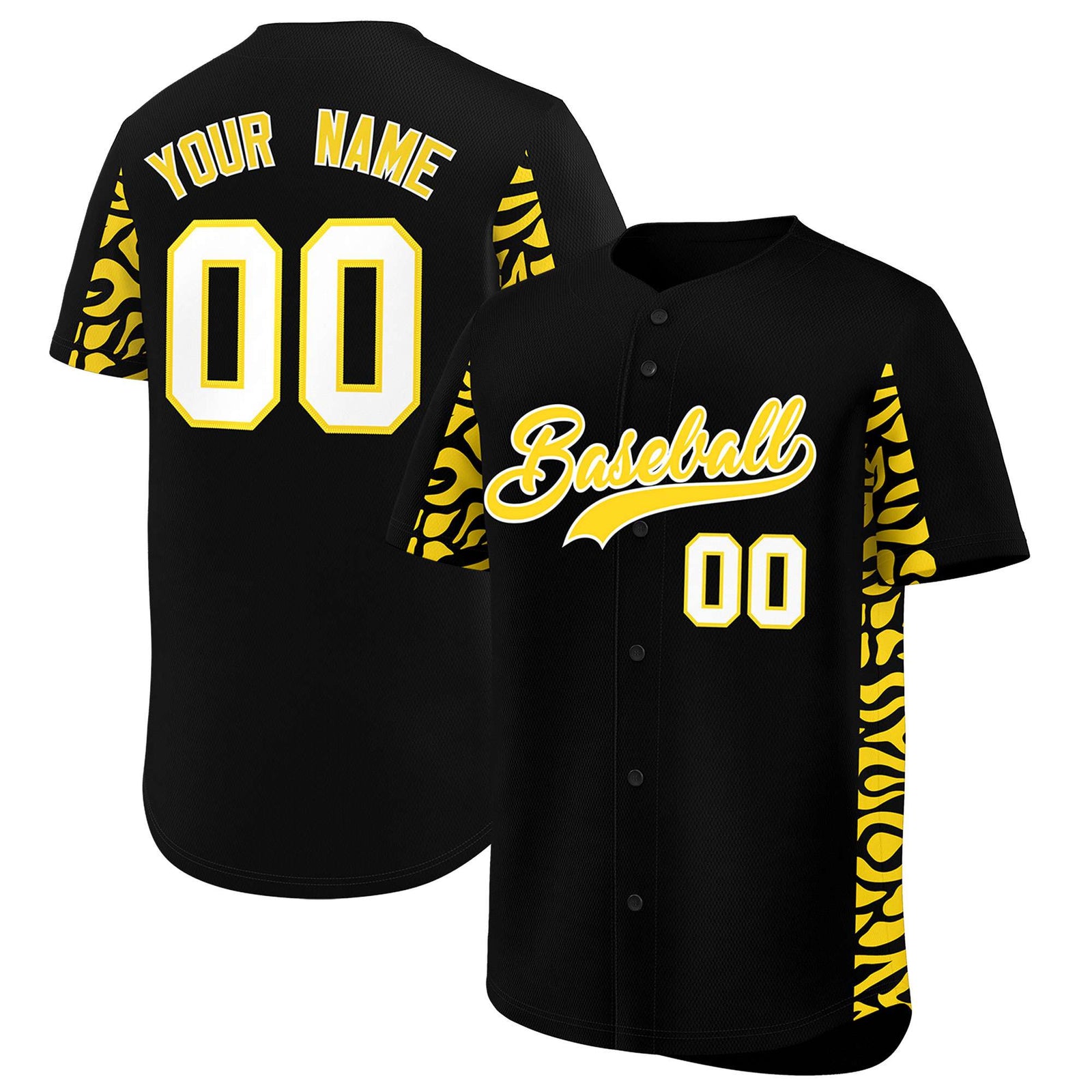 Custom Black Gold Personalized Leopard Graffiti Pattern Side Design Authentic Baseball Jersey