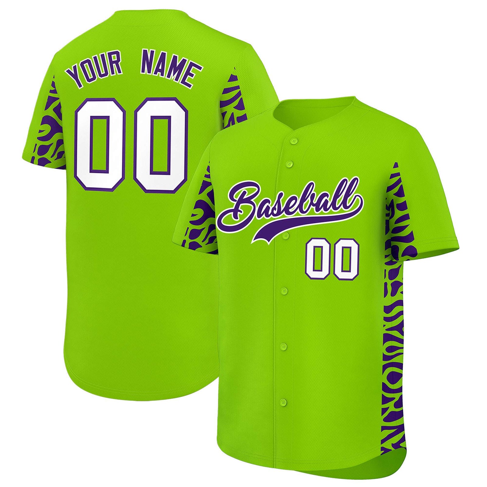 Custom Neon Green Purple Personalized Leopard Graffiti Pattern Side Design Authentic Baseball Jersey