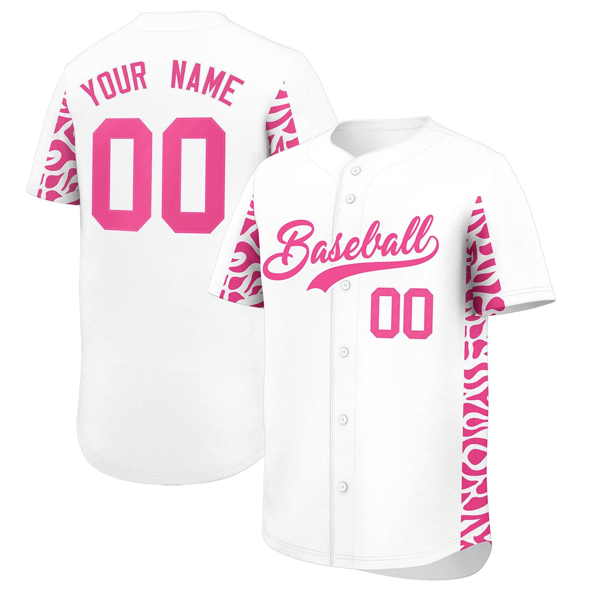 Custom White Pink Personalized Leopard Graffiti Pattern Side Design Authentic Baseball Jersey