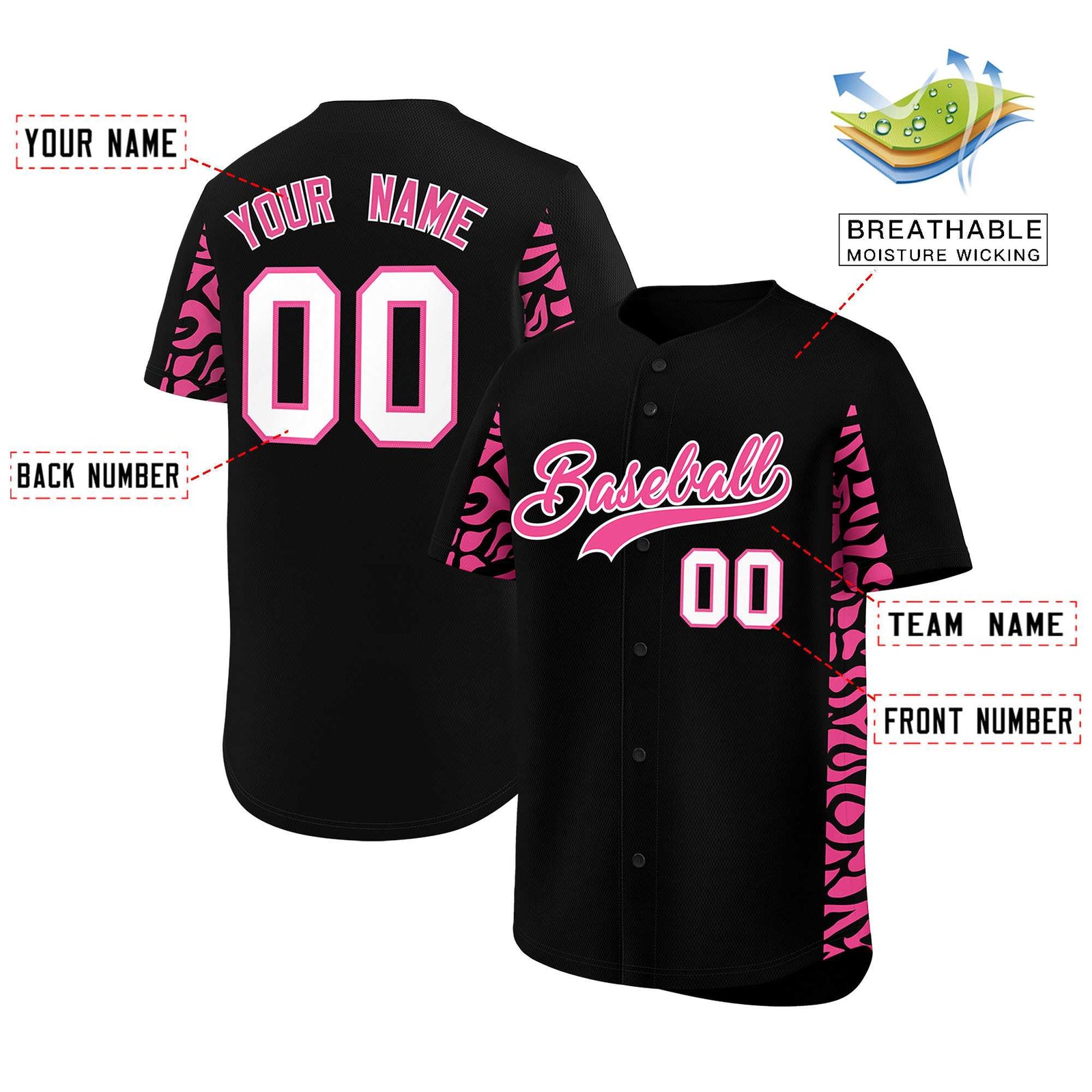 Custom Black Pink Personalized Leopard Graffiti Pattern Side Design Authentic Baseball Jersey