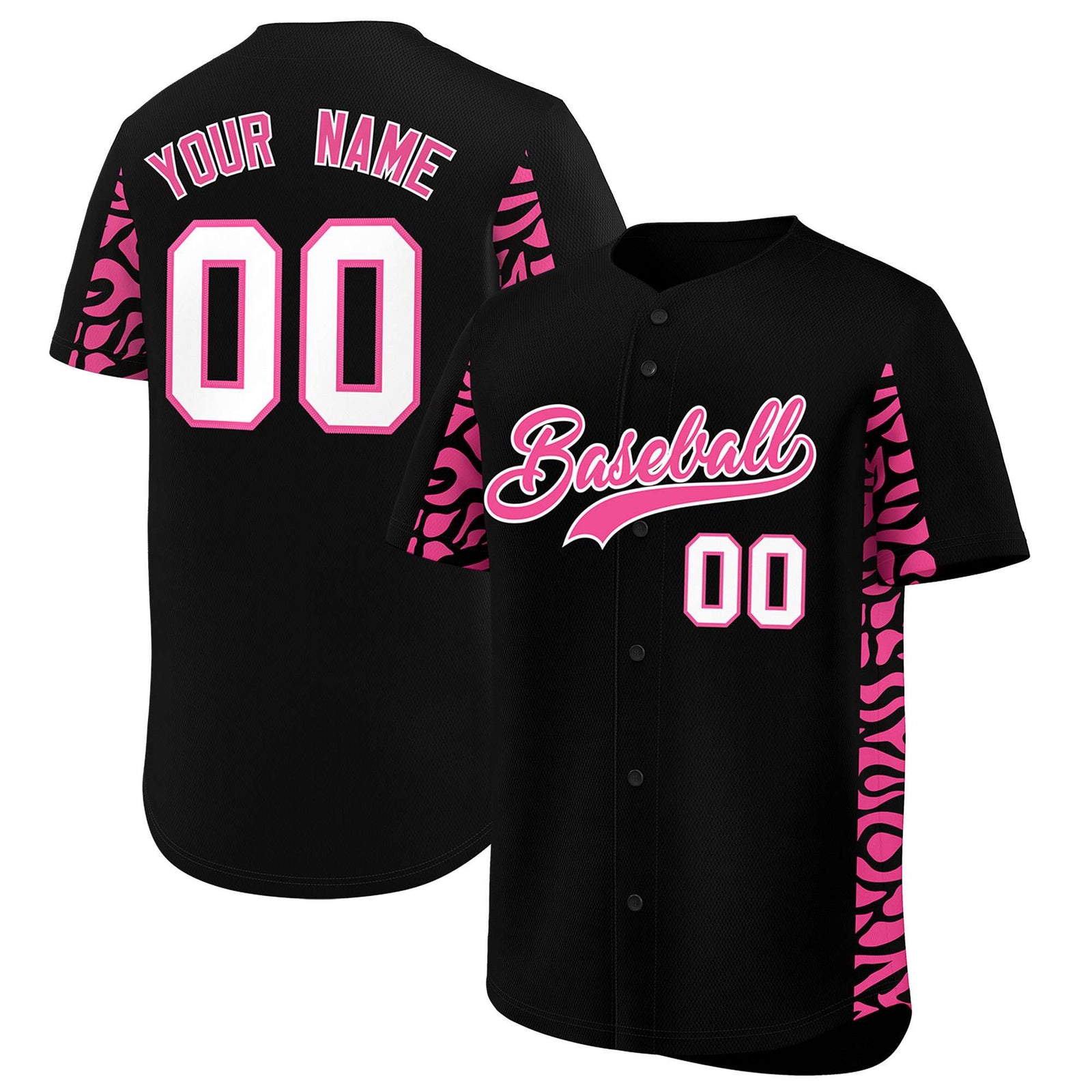 Custom Black Pink Personalized Leopard Graffiti Pattern Side Design Authentic Baseball Jersey