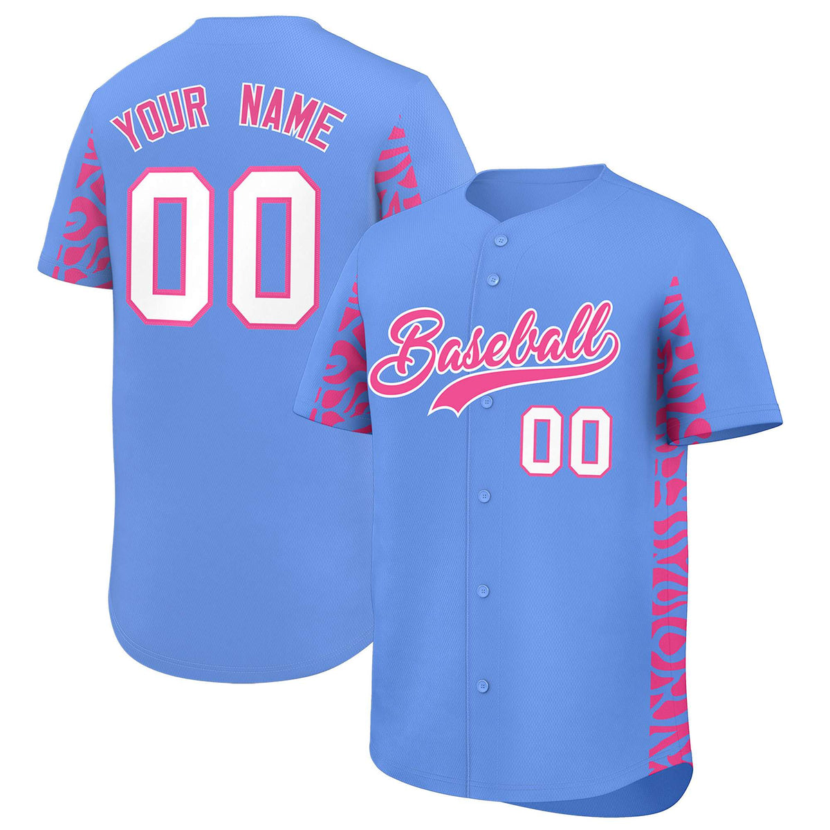 Custom Powder Blue Pink Personalized Leopard Graffiti Pattern Side Design Authentic Baseball Jersey