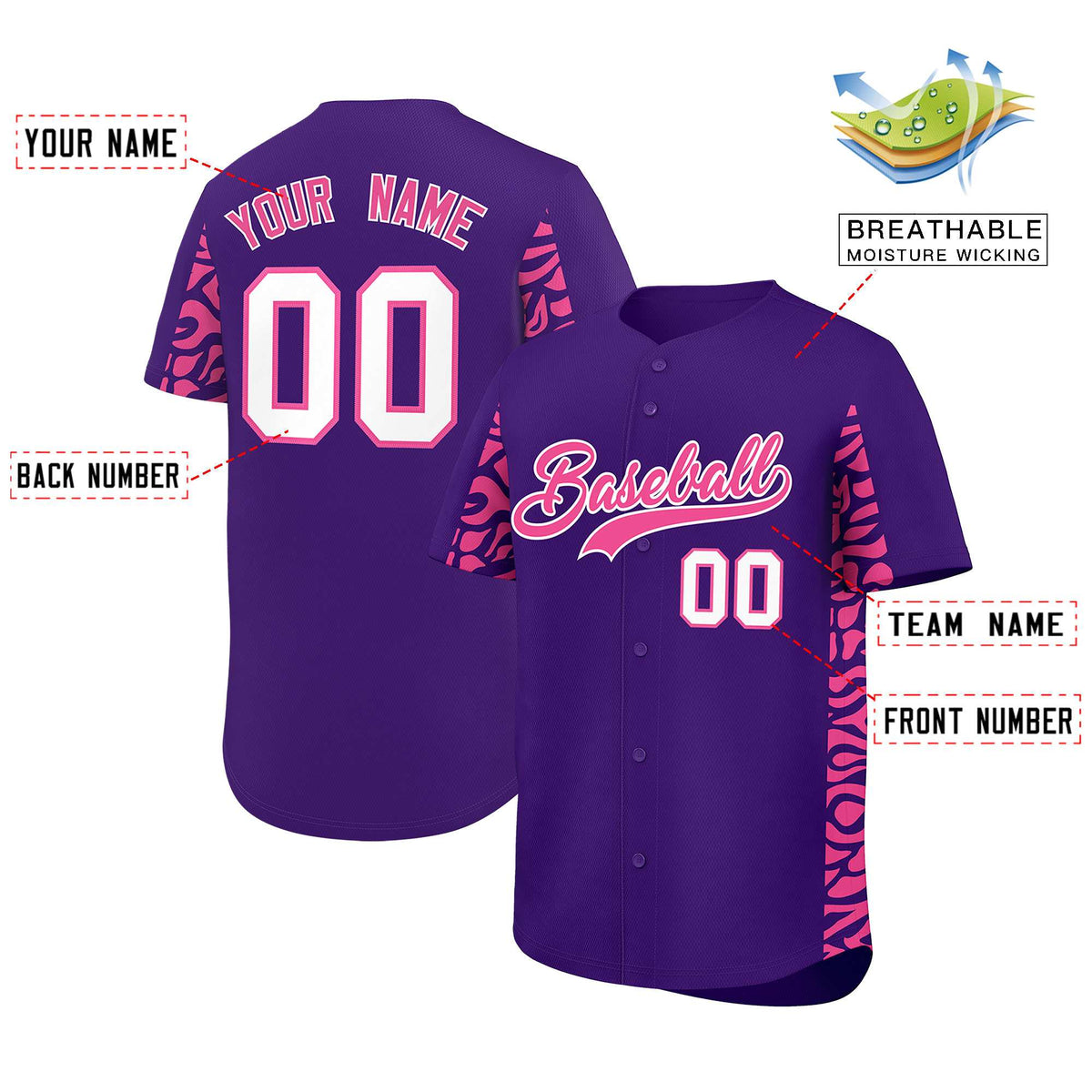 Custom Purple Pink Personalized Leopard Graffiti Pattern Side Design Authentic Baseball Jersey