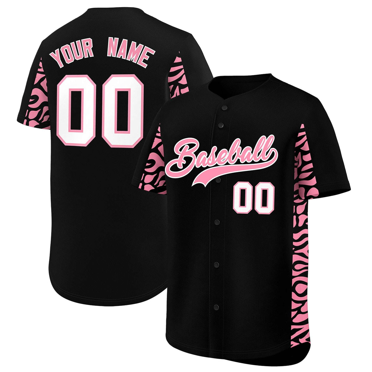 Custom Black Light Pink Personalized Leopard Graffiti Pattern Side Design Authentic Baseball Jersey