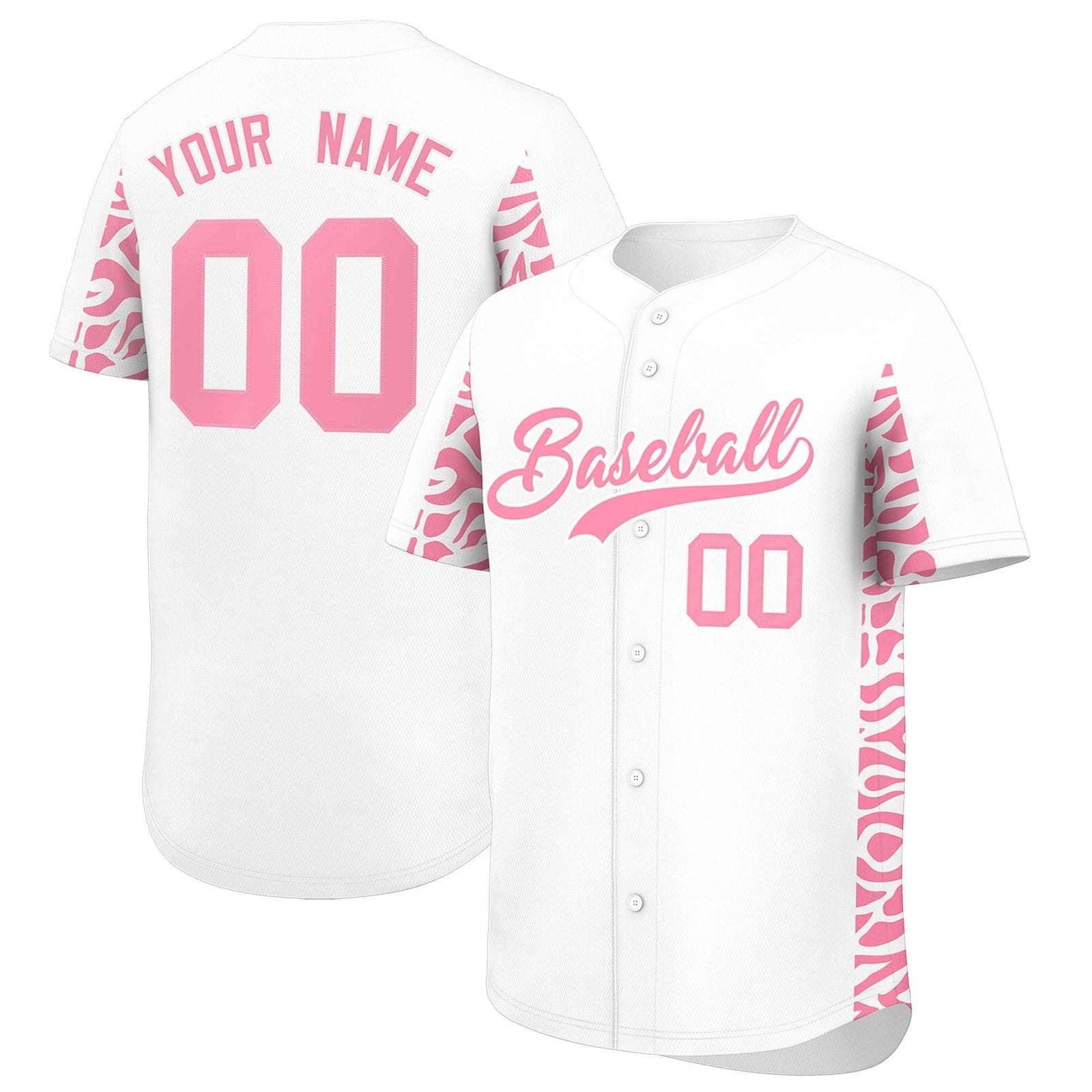 Custom White Light Pink Personalized Leopard Graffiti Pattern Side Design Authentic Baseball Jersey