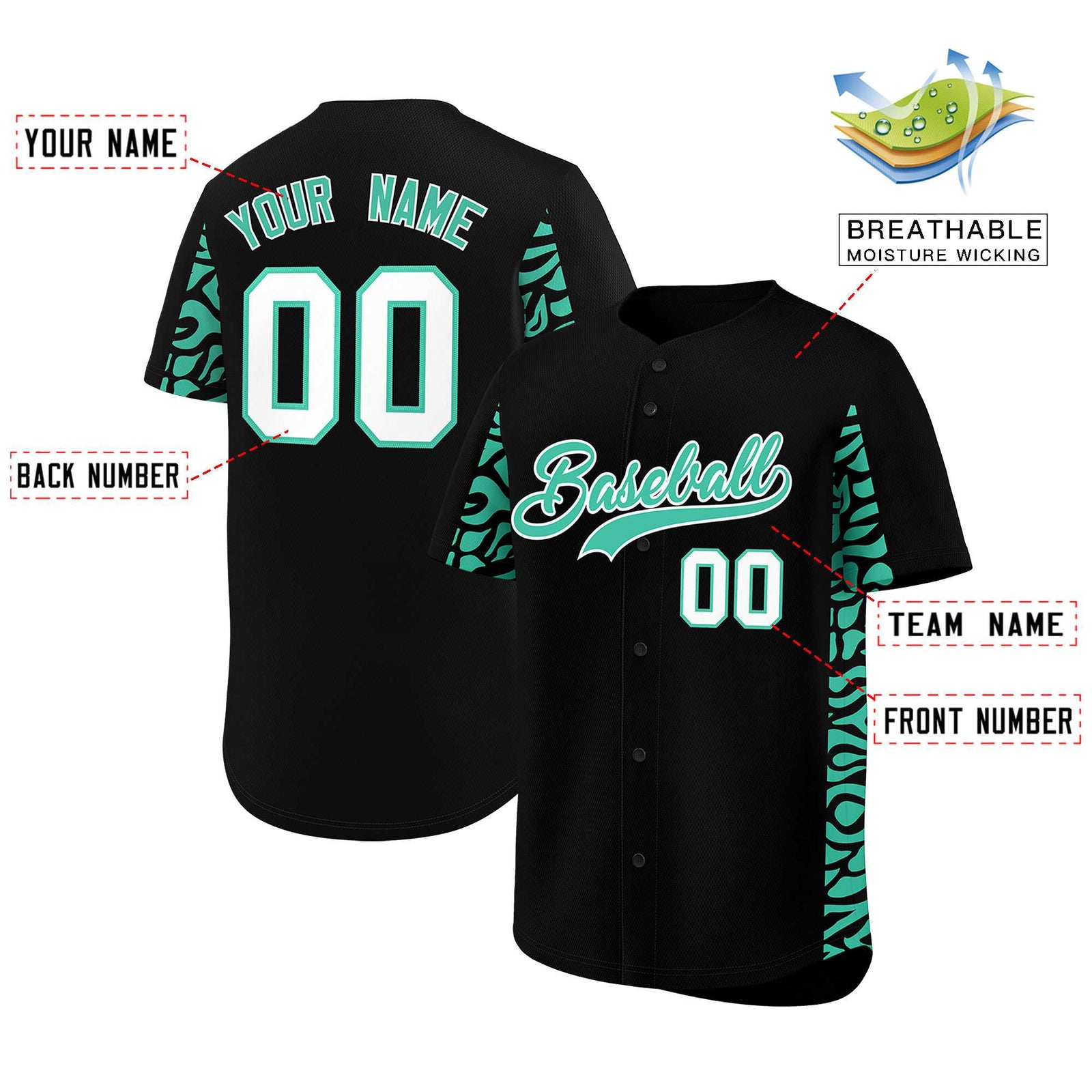 Custom Black Bright Green Personalized Leopard Graffiti Pattern Side Design Authentic Baseball Jersey