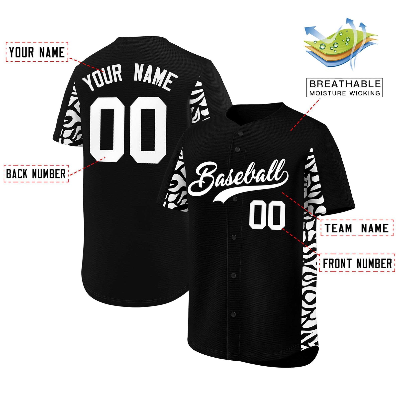 Custom Black White Personalized Leopard Graffiti Pattern Side Design Authentic Baseball Jersey