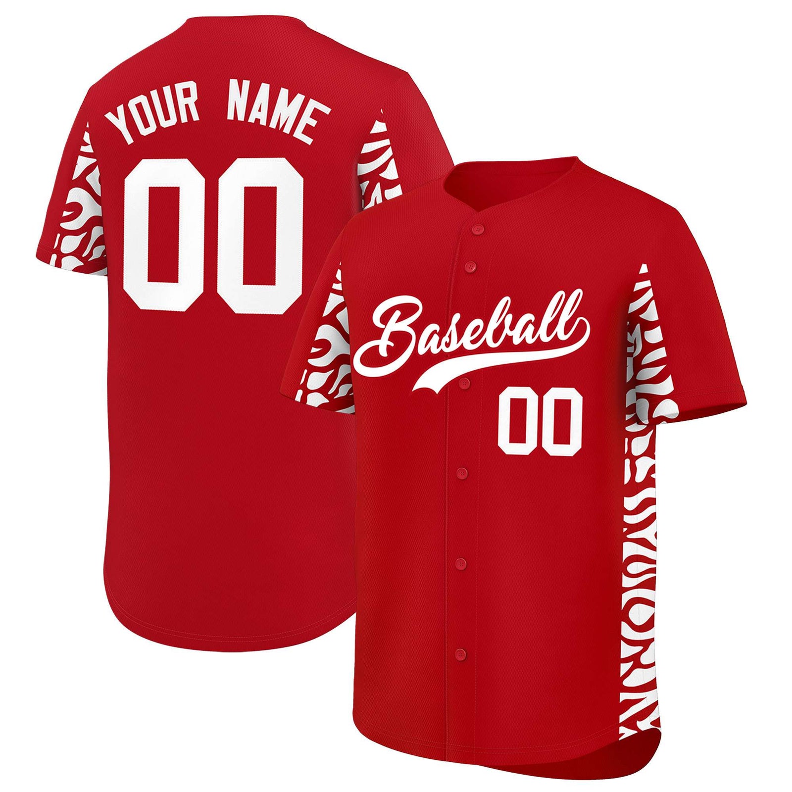 Custom Red White Personalized Leopard Graffiti Pattern Side Design Authentic Baseball Jersey