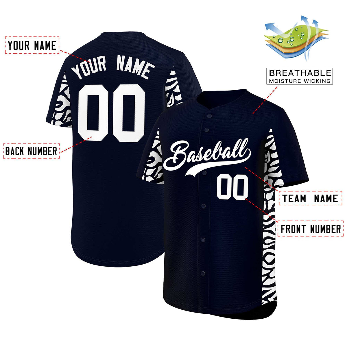 Custom Navy White Personalized Leopard Graffiti Pattern Side Design Authentic Baseball Jersey