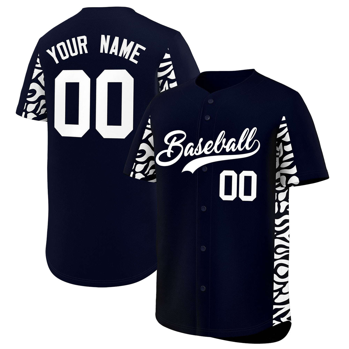 Custom Navy White Personalized Leopard Graffiti Pattern Side Design Authentic Baseball Jersey