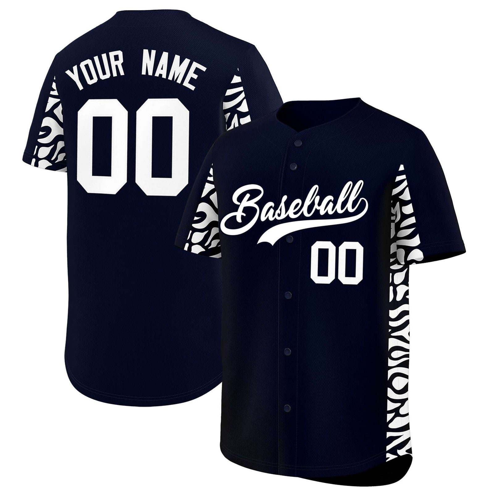 Custom Navy White Personalized Leopard Graffiti Pattern Side Design Authentic Baseball Jersey