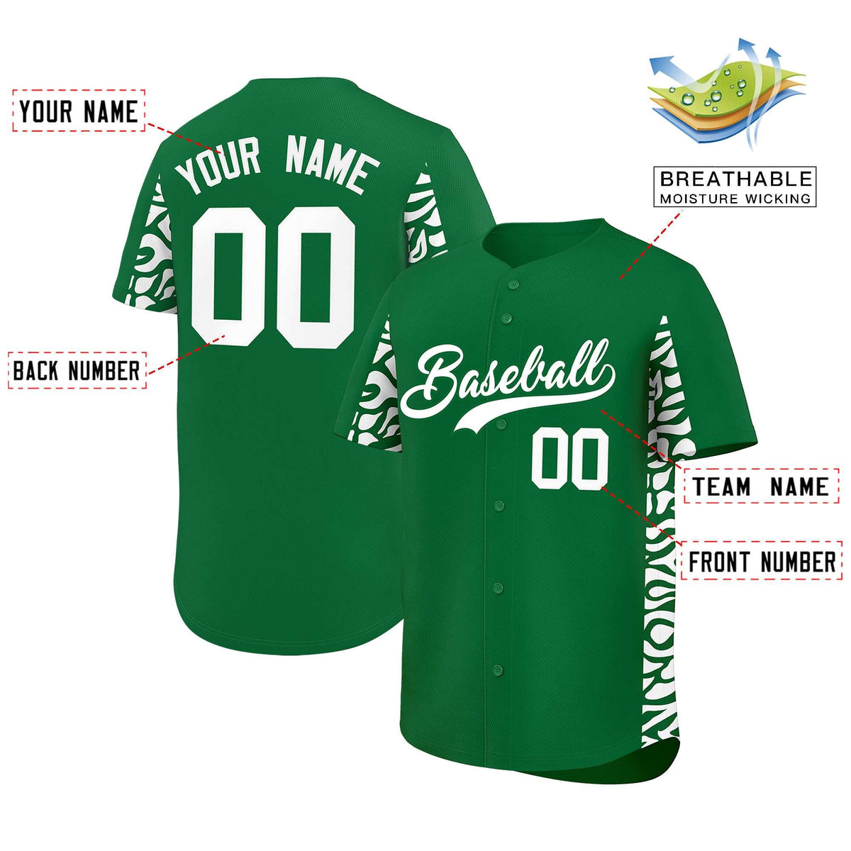 Custom Kelly Green White Personalized Leopard Graffiti Pattern Side Design Authentic Baseball Jersey