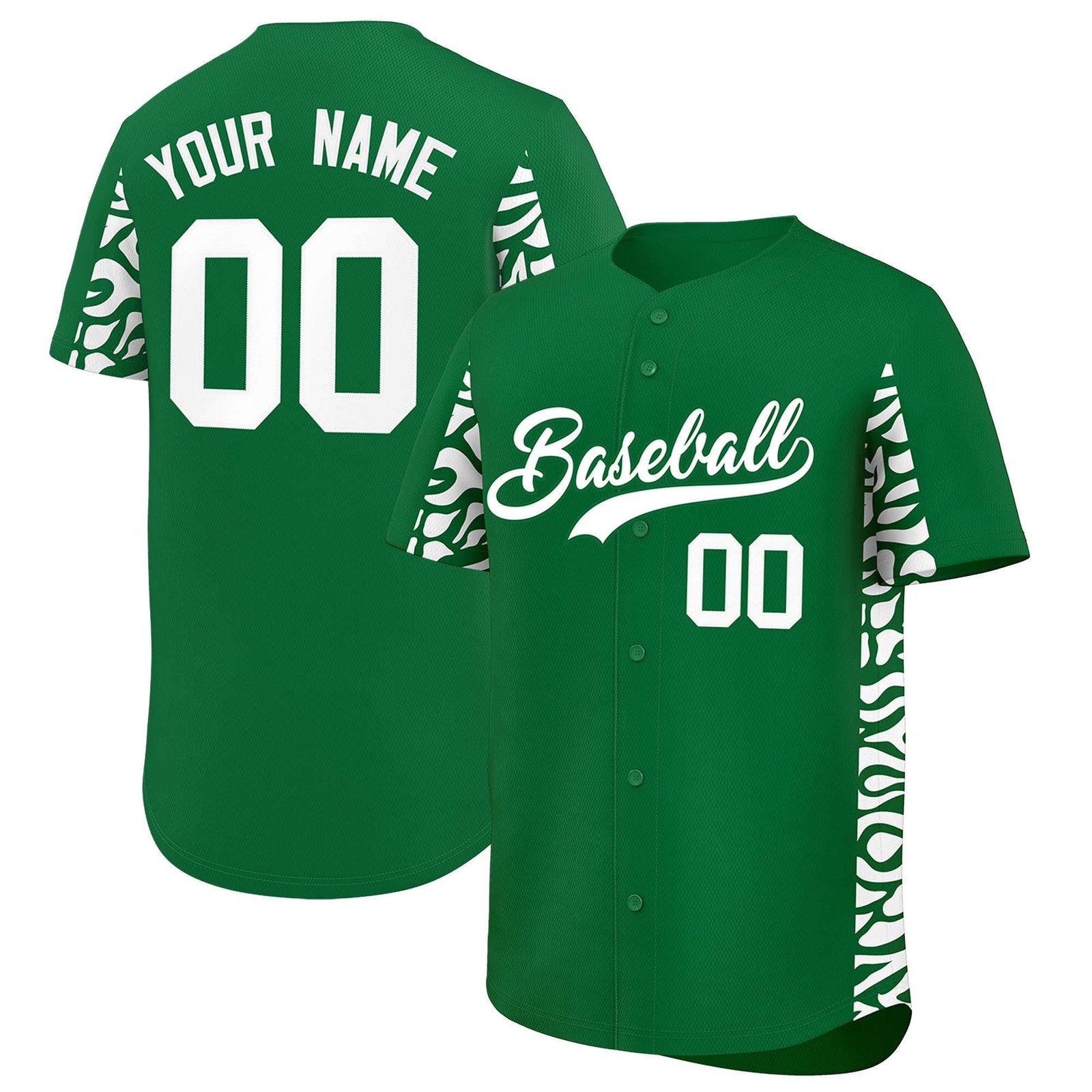 Custom Kelly Green White Personalized Leopard Graffiti Pattern Side Design Authentic Baseball Jersey