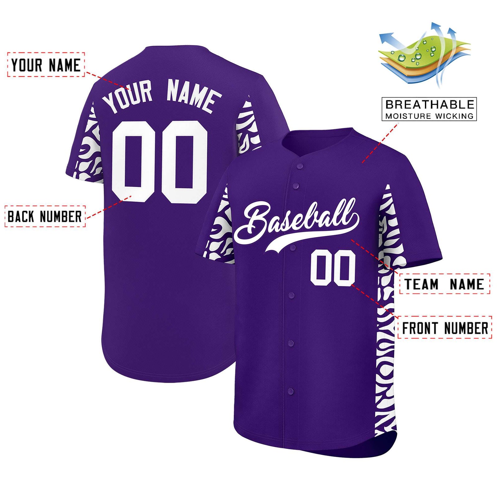 Custom Purple White Personalized Leopard Graffiti Pattern Side Design Authentic Baseball Jersey