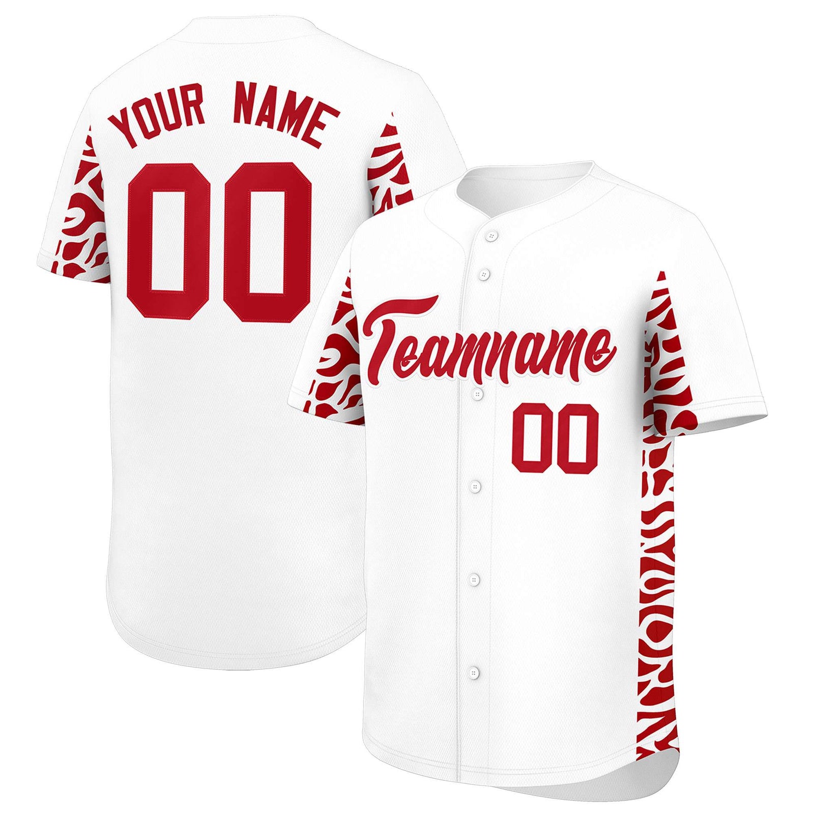 Custom White Red Personalized Leopard Graffiti Pattern Side Design Authentic Baseball Jersey