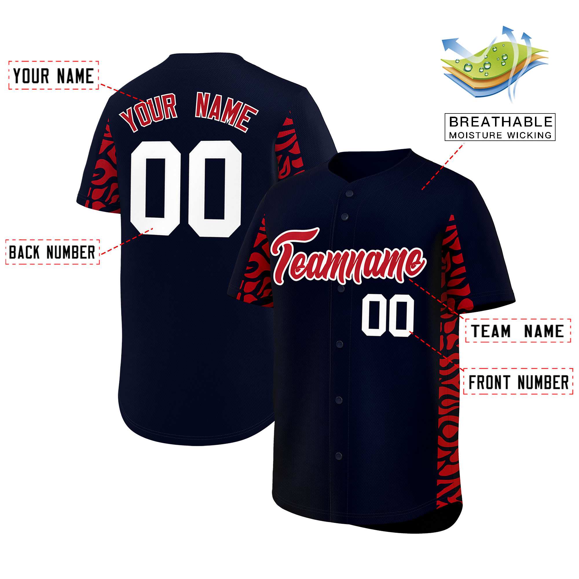 Custom Navy Red Personalized Leopard Graffiti Pattern Side Design Authentic Baseball Jersey