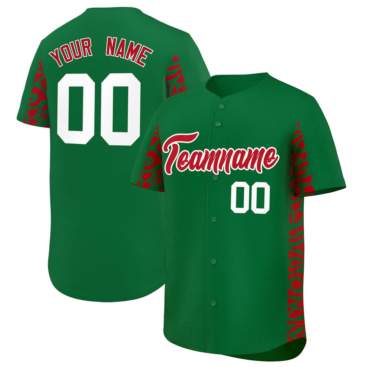 Custom Kelly Green Red Personalized Leopard Graffiti Pattern Side Design Authentic Baseball Jersey