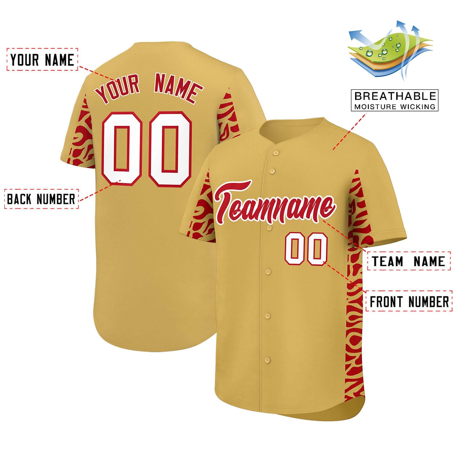 Custom Old Gold Red Personalized Leopard Graffiti Pattern Side Design Authentic Baseball Jersey