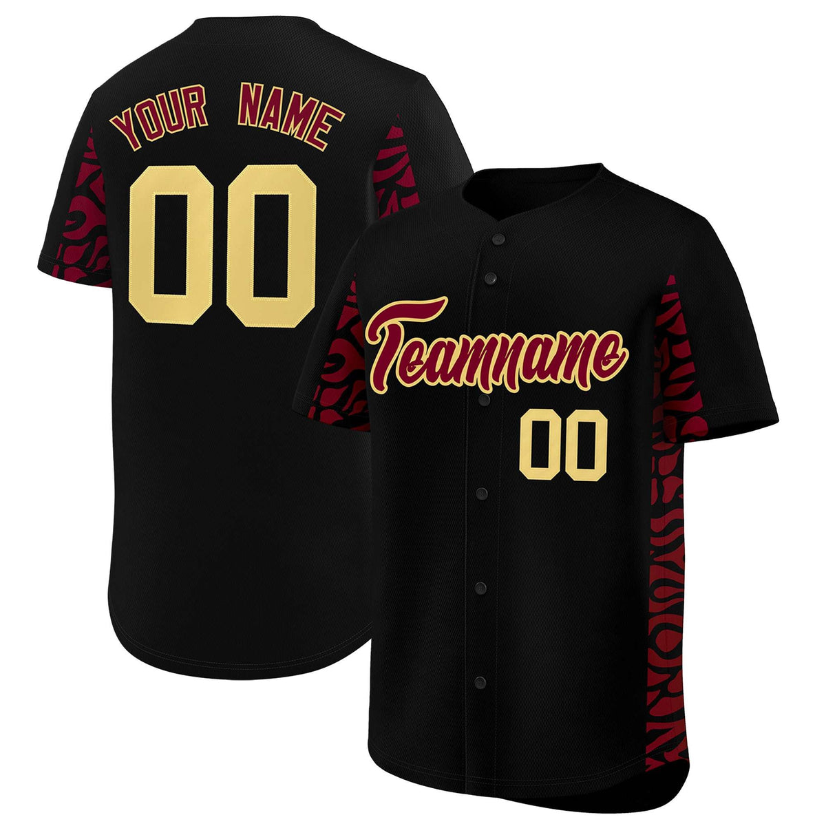 Custom Black Crimson Personalized Leopard Graffiti Pattern Side Design Authentic Baseball Jersey