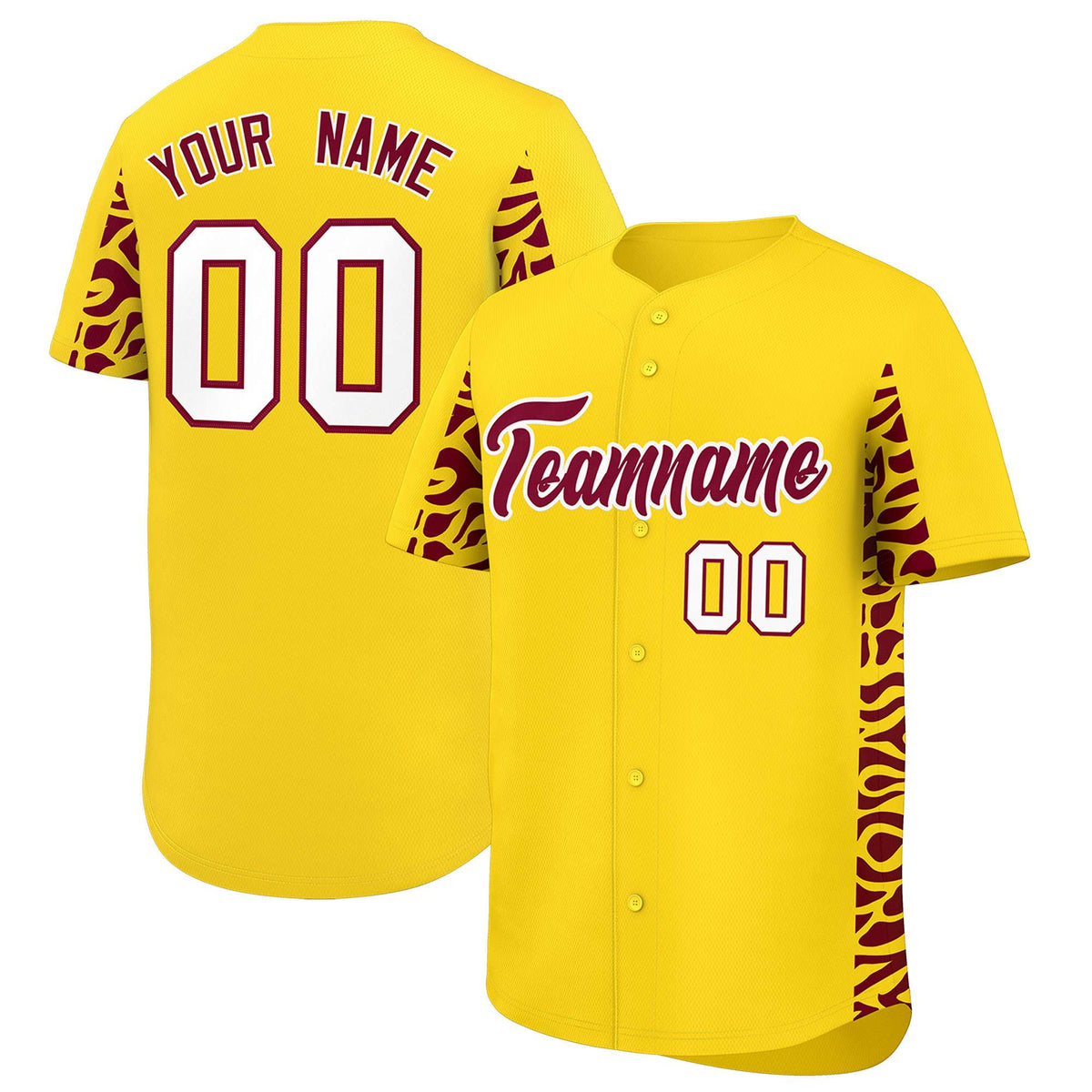 Custom Gold Crimson Personalized Leopard Graffiti Pattern Side Design Authentic Baseball Jersey