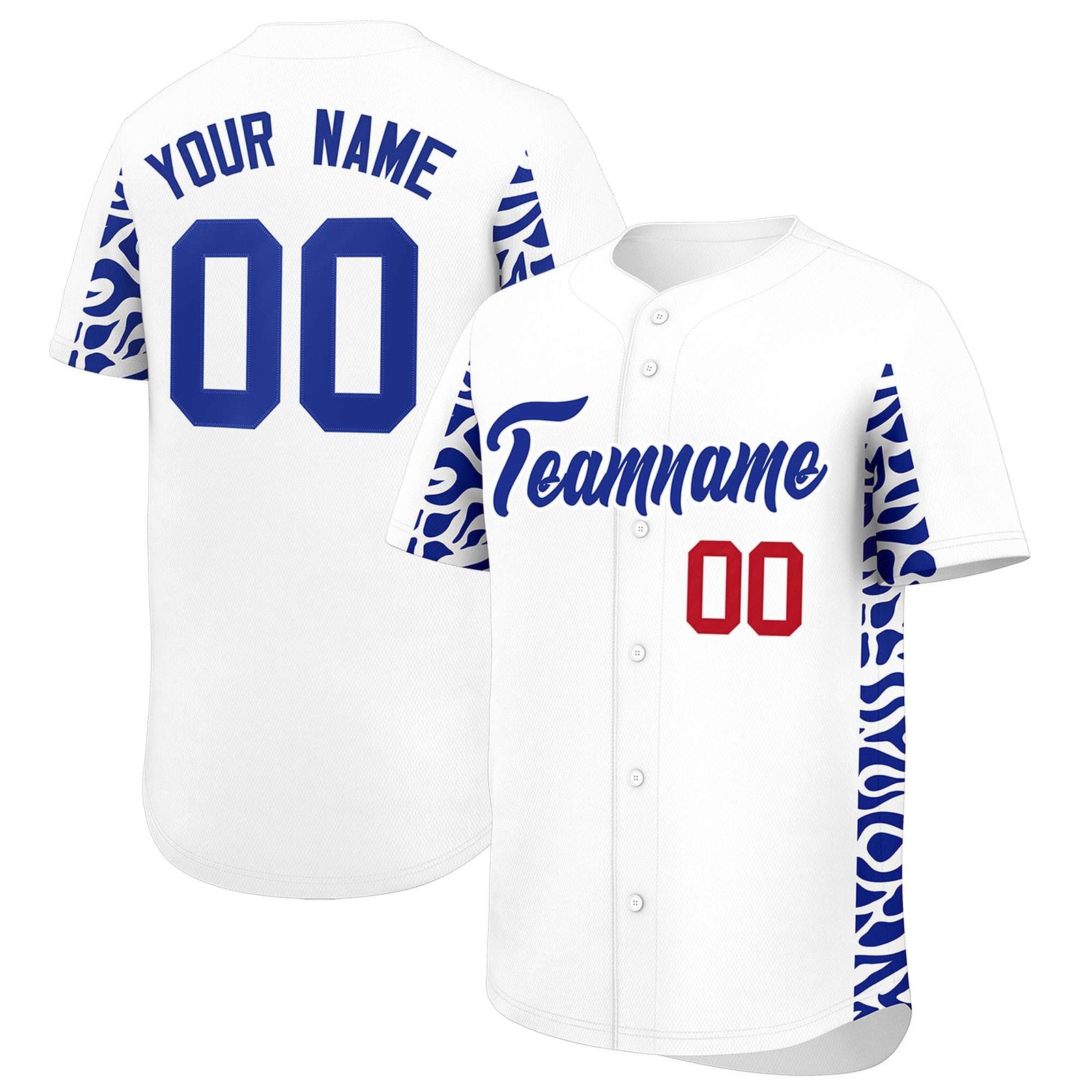 Custom White Royal Personalized Leopard Graffiti Pattern Side Design Authentic Baseball Jersey