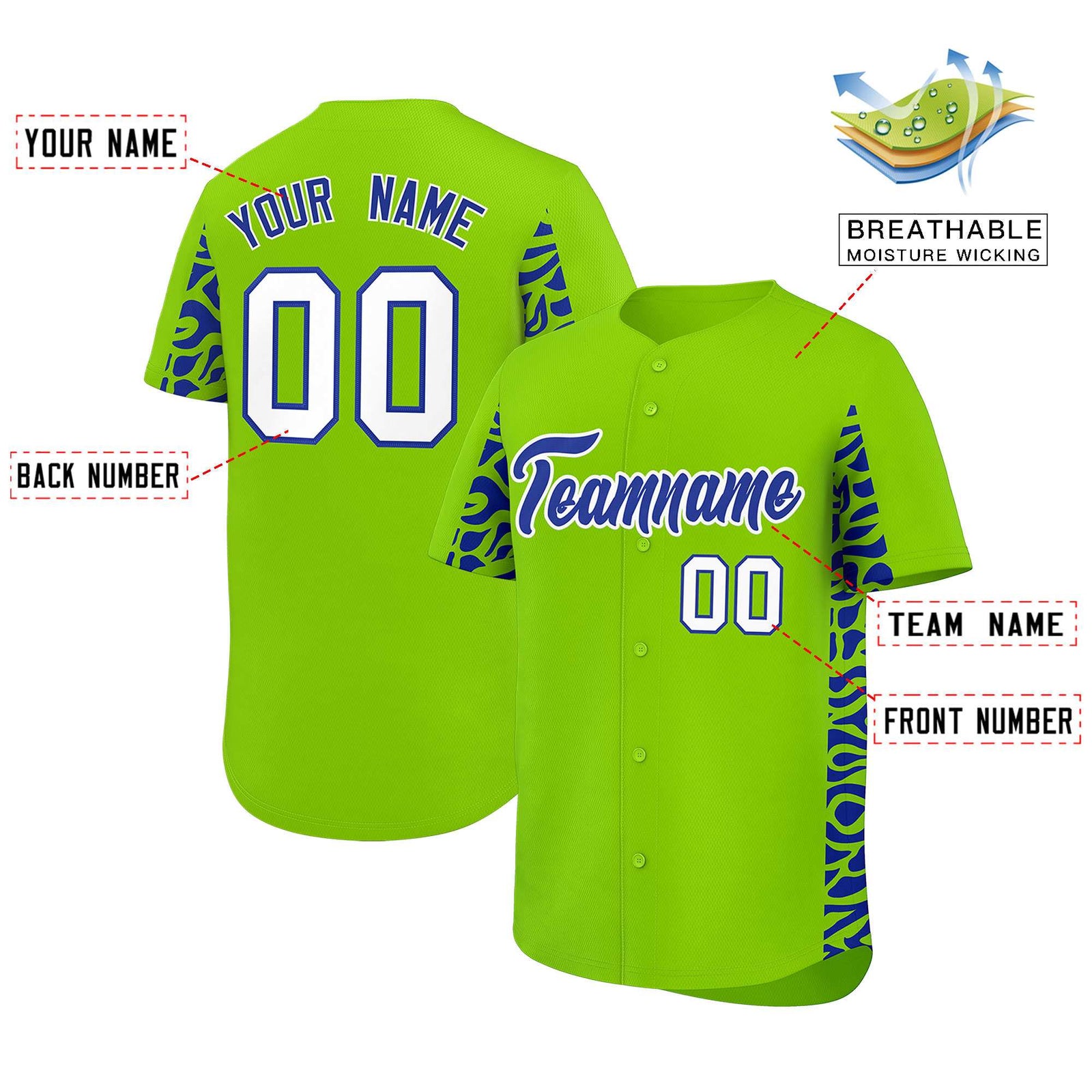 Custom Neon Green Royal Personalized Leopard Graffiti Pattern Side Design Authentic Baseball Jersey