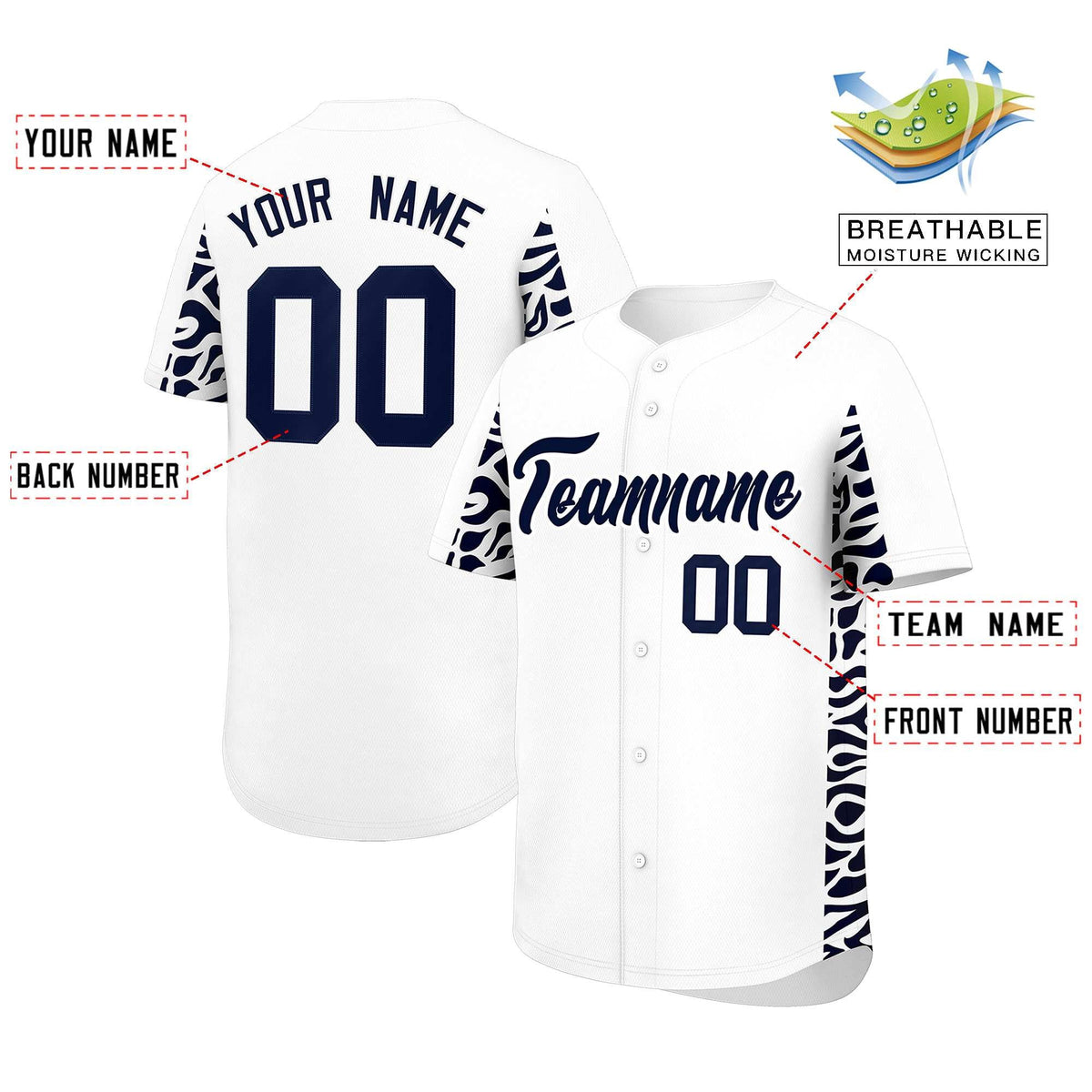 Custom White Navy Personalized Leopard Graffiti Pattern Side Design Authentic Baseball Jersey