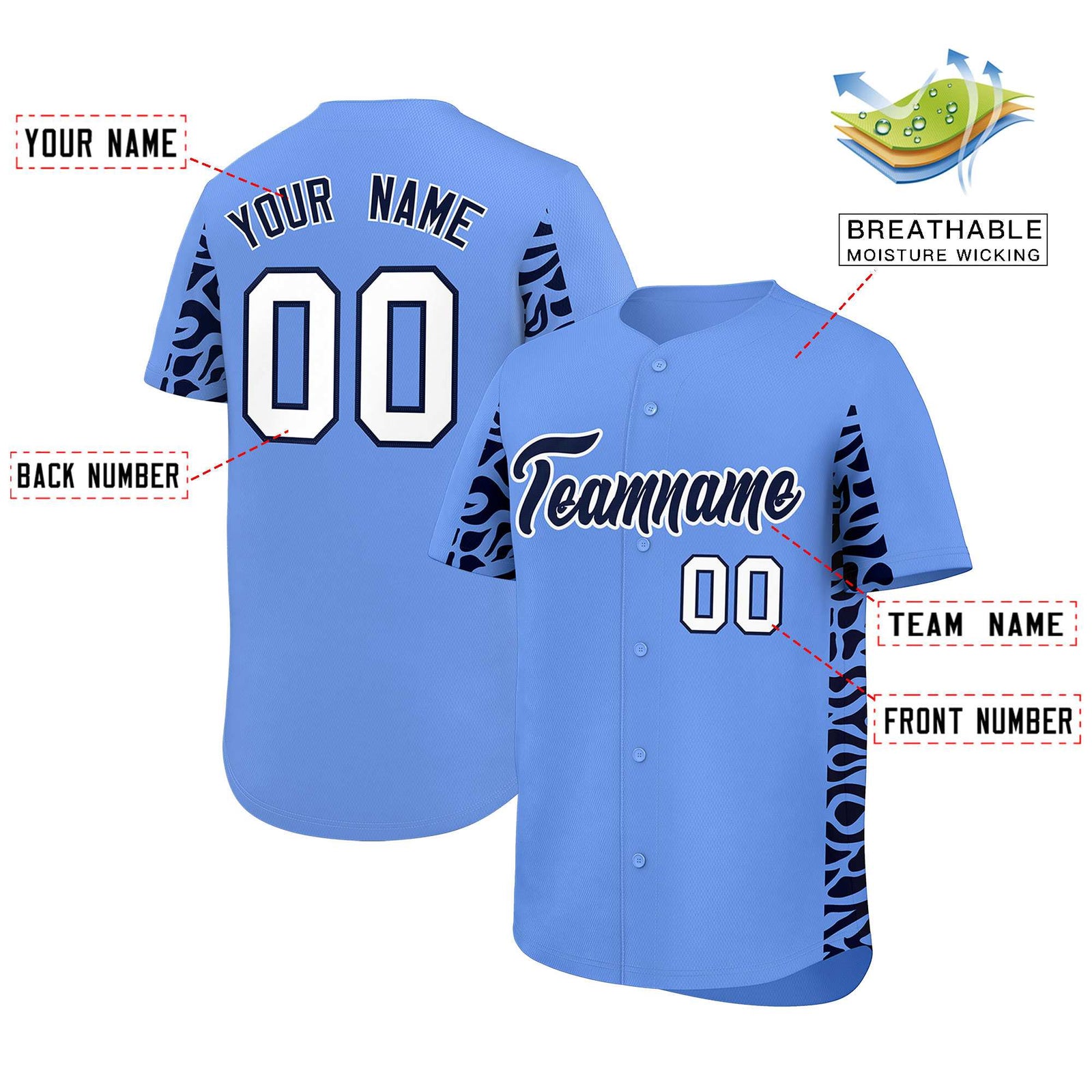 Custom Powder Blue Navy Personalized Leopard Graffiti Pattern Side Design Authentic Baseball Jersey