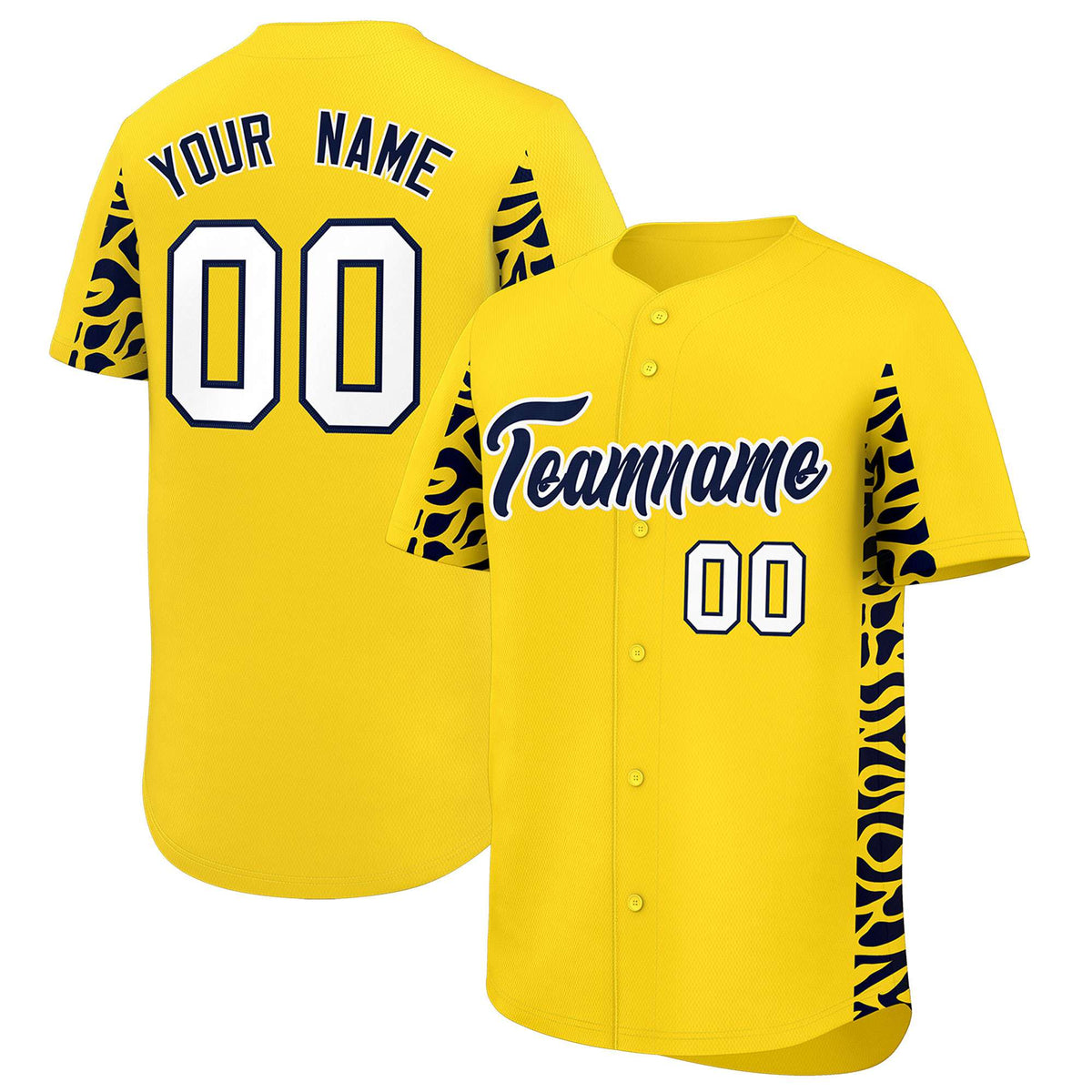 Custom Gold Navy Personalized Leopard Graffiti Pattern Side Design Authentic Baseball Jersey
