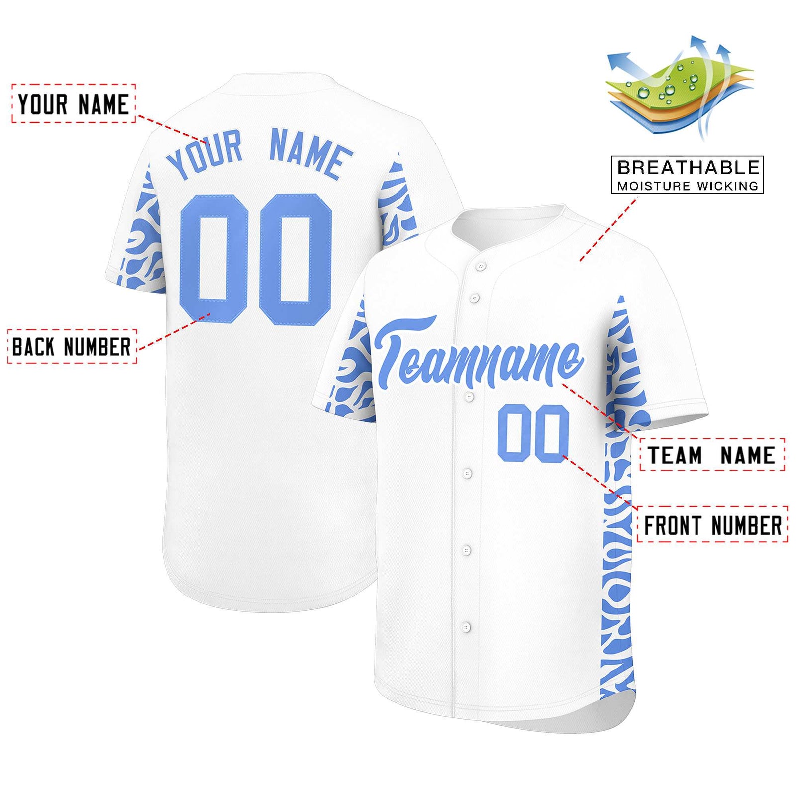Custom White Powder Blue Personalized Leopard Graffiti Pattern Side Design Authentic Baseball Jersey