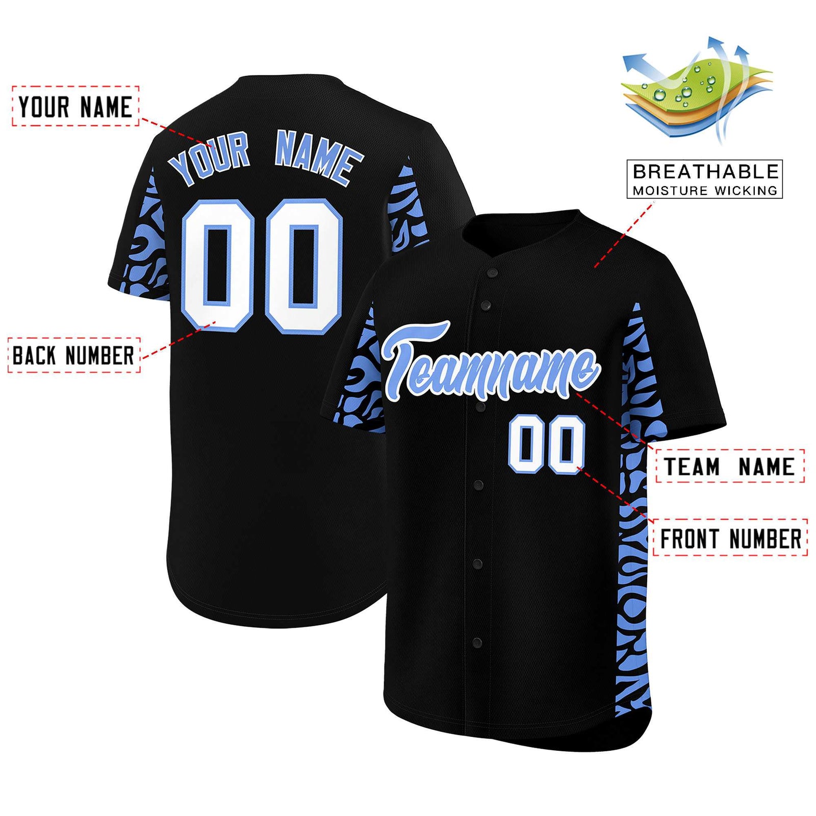 Custom Black Powder Blue Personalized Leopard Graffiti Pattern Side Design Authentic Baseball Jersey