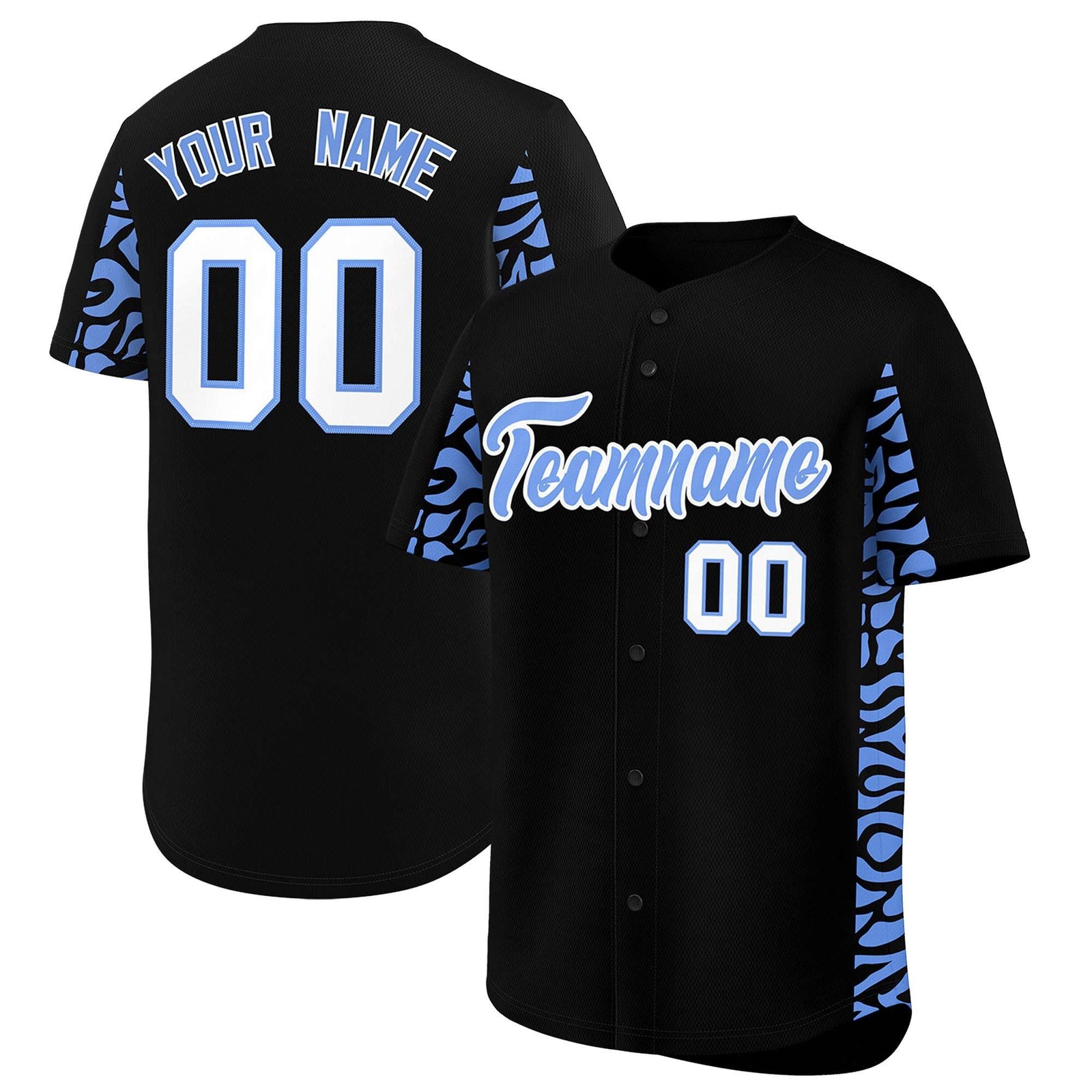 Custom Black Powder Blue Personalized Leopard Graffiti Pattern Side Design Authentic Baseball Jersey