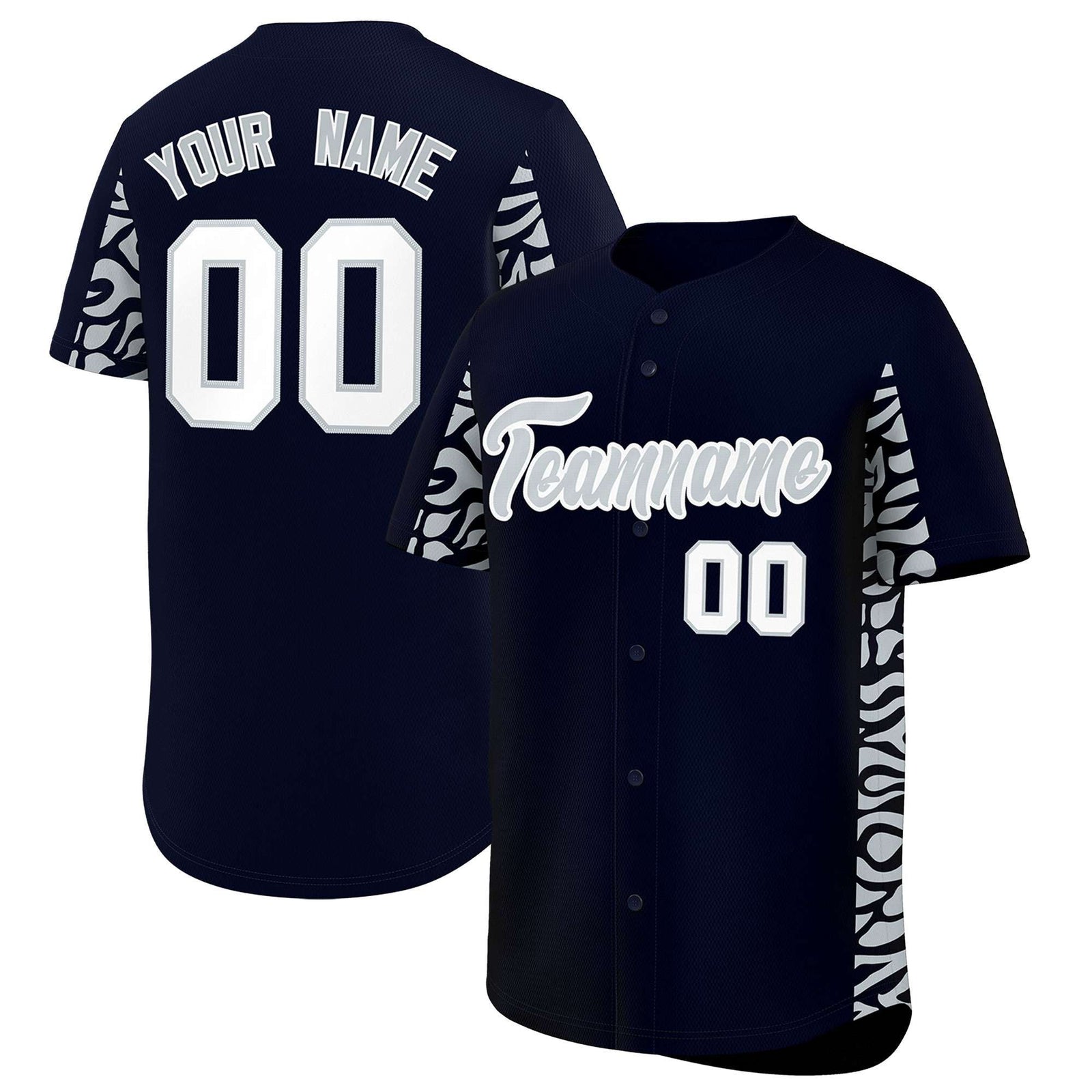 Custom Navy Silver Personalized Leopard Graffiti Pattern Side Design Authentic Baseball Jersey