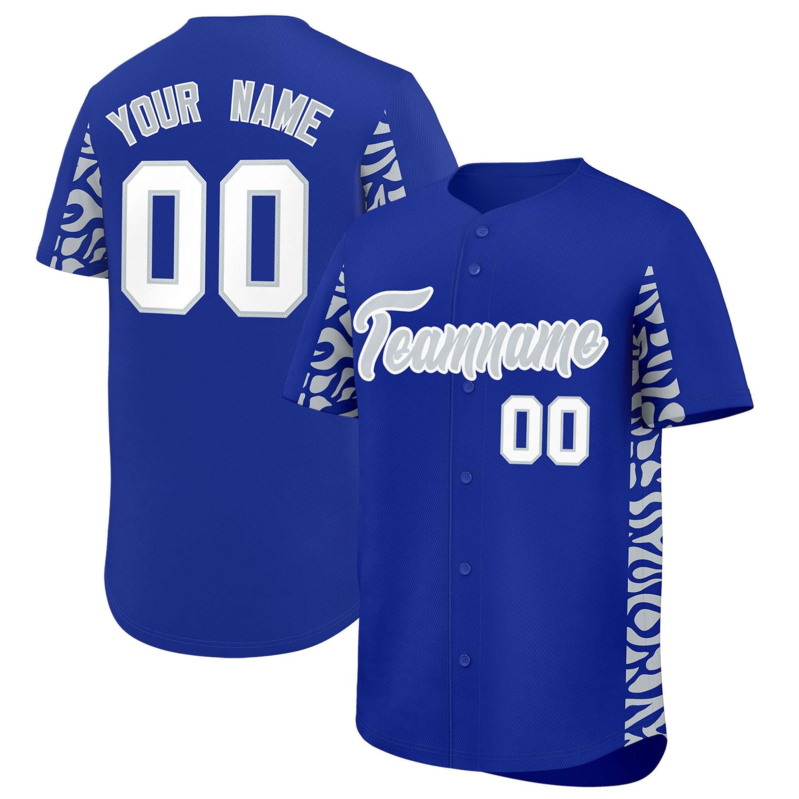 Custom Royal Silver Personalized Leopard Graffiti Pattern Side Design Authentic Baseball Jersey