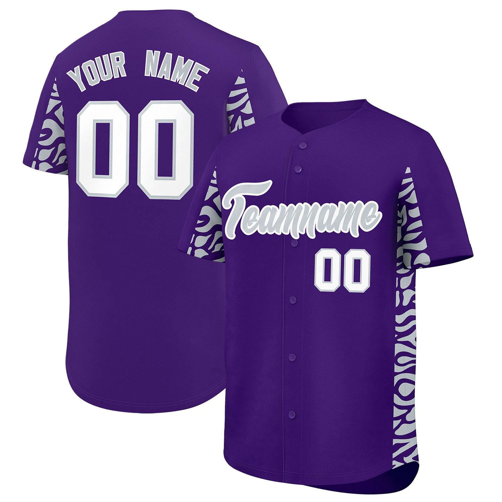 Custom Purple Silver Personalized Leopard Graffiti Pattern Side Design Authentic Baseball Jersey