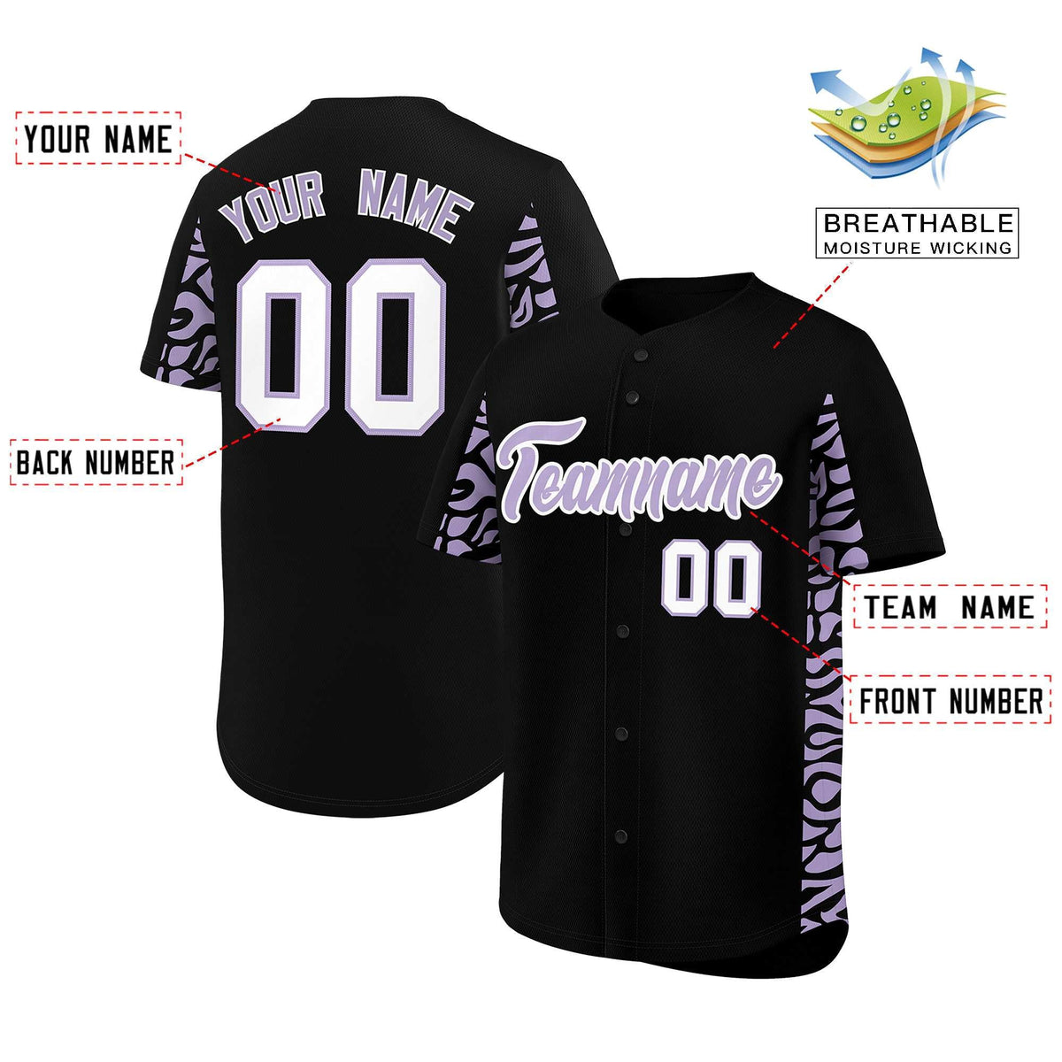 Custom Black Light Purple Personalized Leopard Graffiti Pattern Side Design Authentic Baseball Jersey