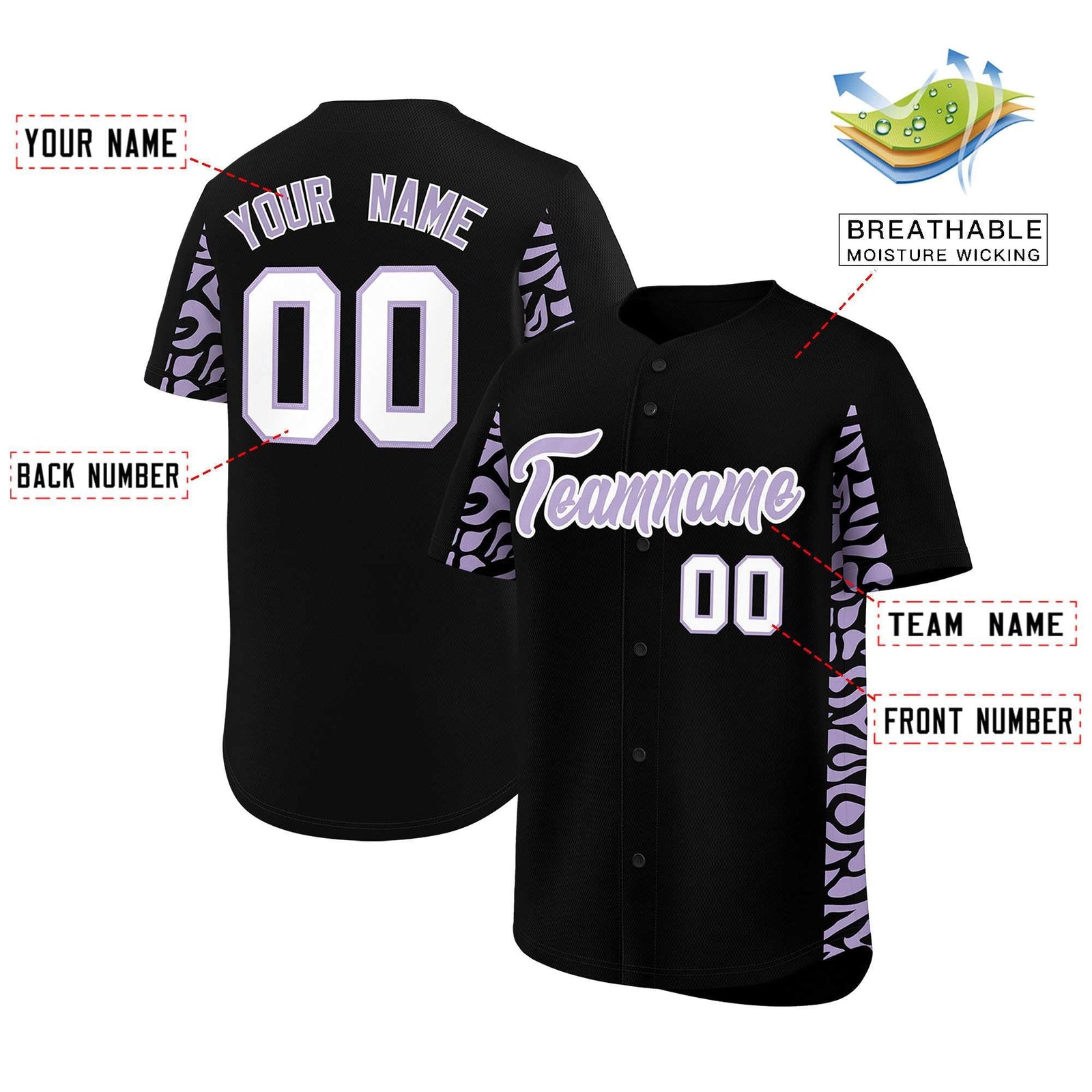 Custom Black Light Purple Personalized Leopard Graffiti Pattern Side Design Authentic Baseball Jersey
