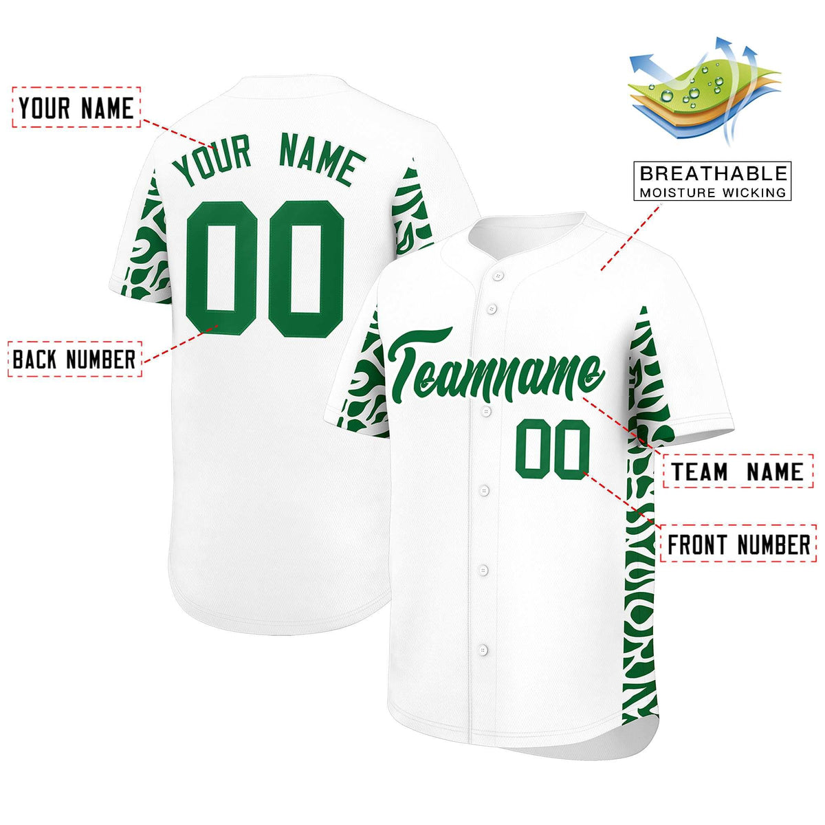 Custom White Kelly Green Personalized Leopard Graffiti Pattern Side Design Authentic Baseball Jersey