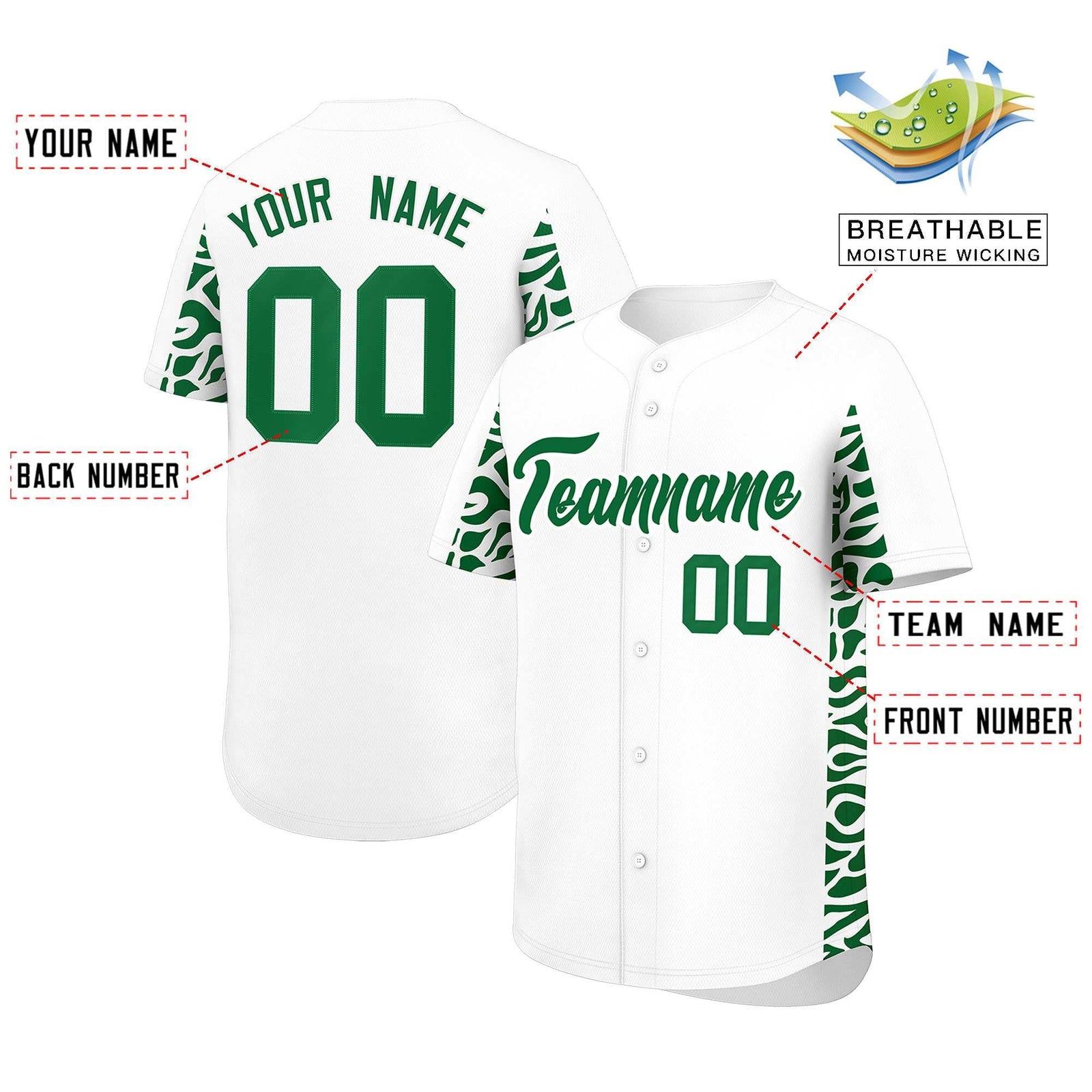 Custom White Kelly Green Personalized Leopard Graffiti Pattern Side Design Authentic Baseball Jersey