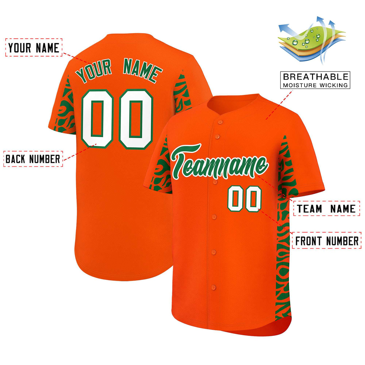 Custom Orange Kelly Green Personalized Leopard Graffiti Pattern Side Design Authentic Baseball Jersey