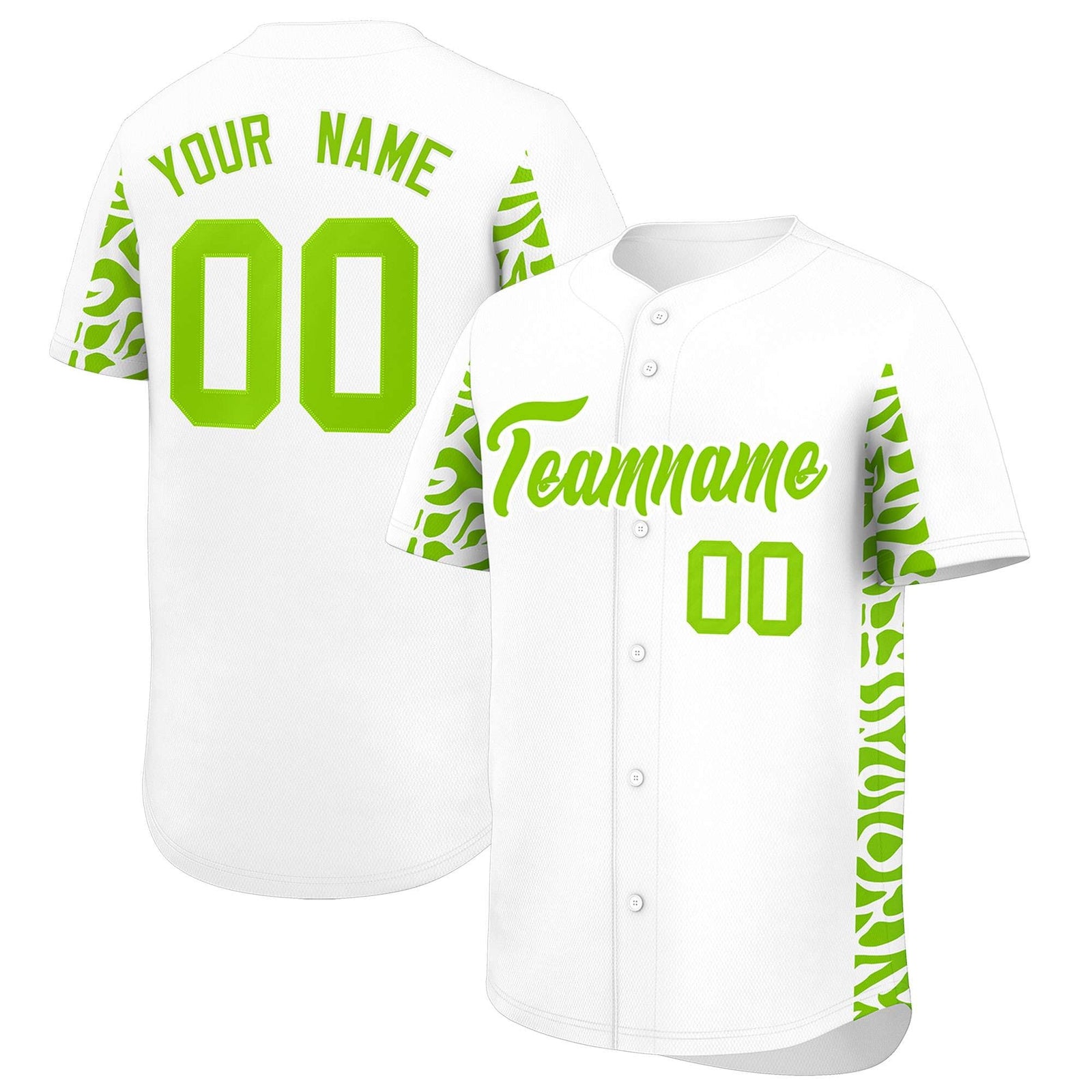 Custom White Neon Green Personalized Leopard Graffiti Pattern Side Design Authentic Baseball Jersey