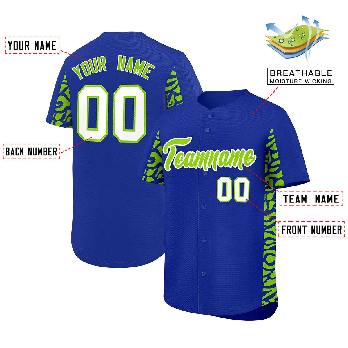 Custom Royal Neon Green Personalized Leopard Graffiti Pattern Side Design Authentic Baseball Jersey
