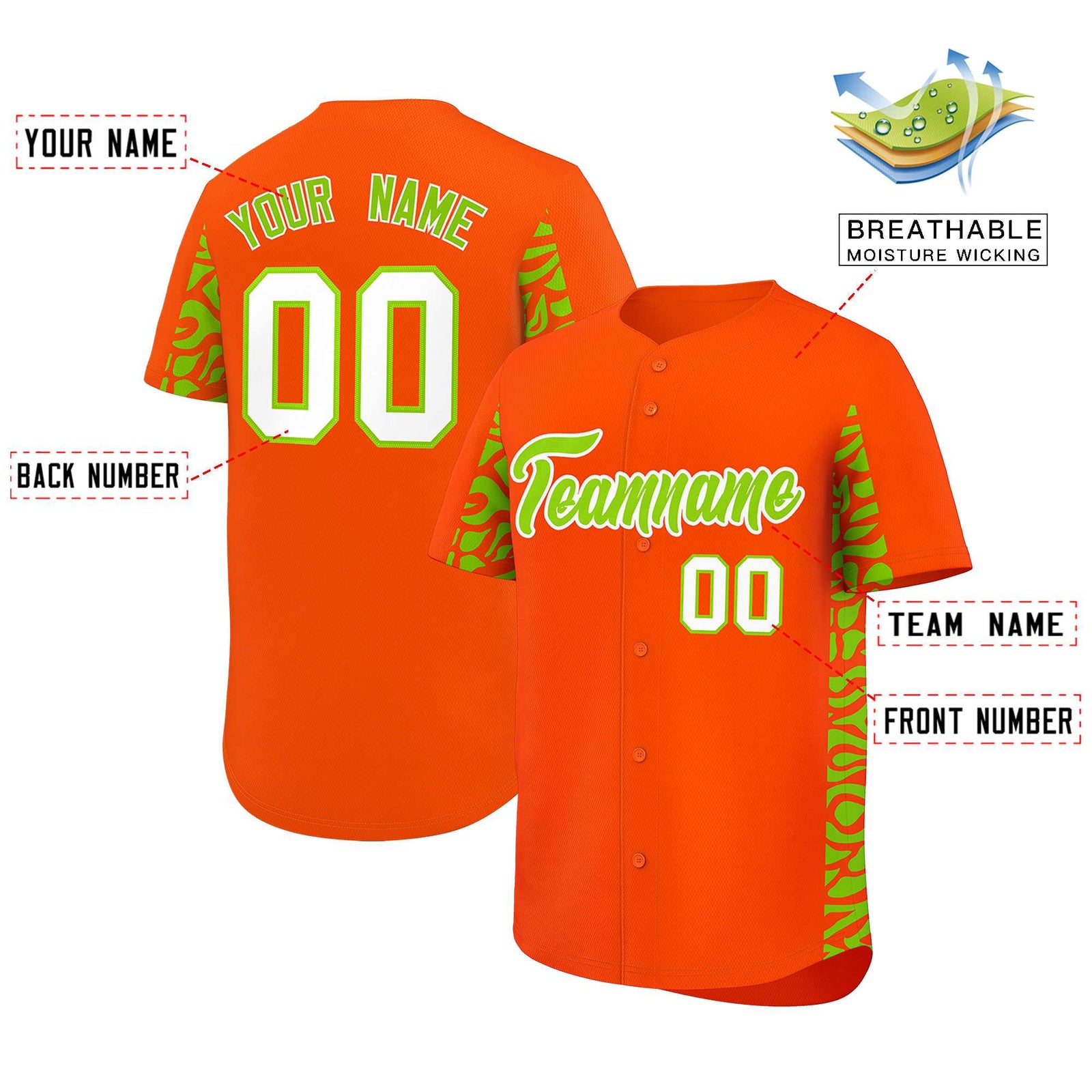 Custom Orange Neon Green Personalized Leopard Graffiti Pattern Side Design Authentic Baseball Jersey