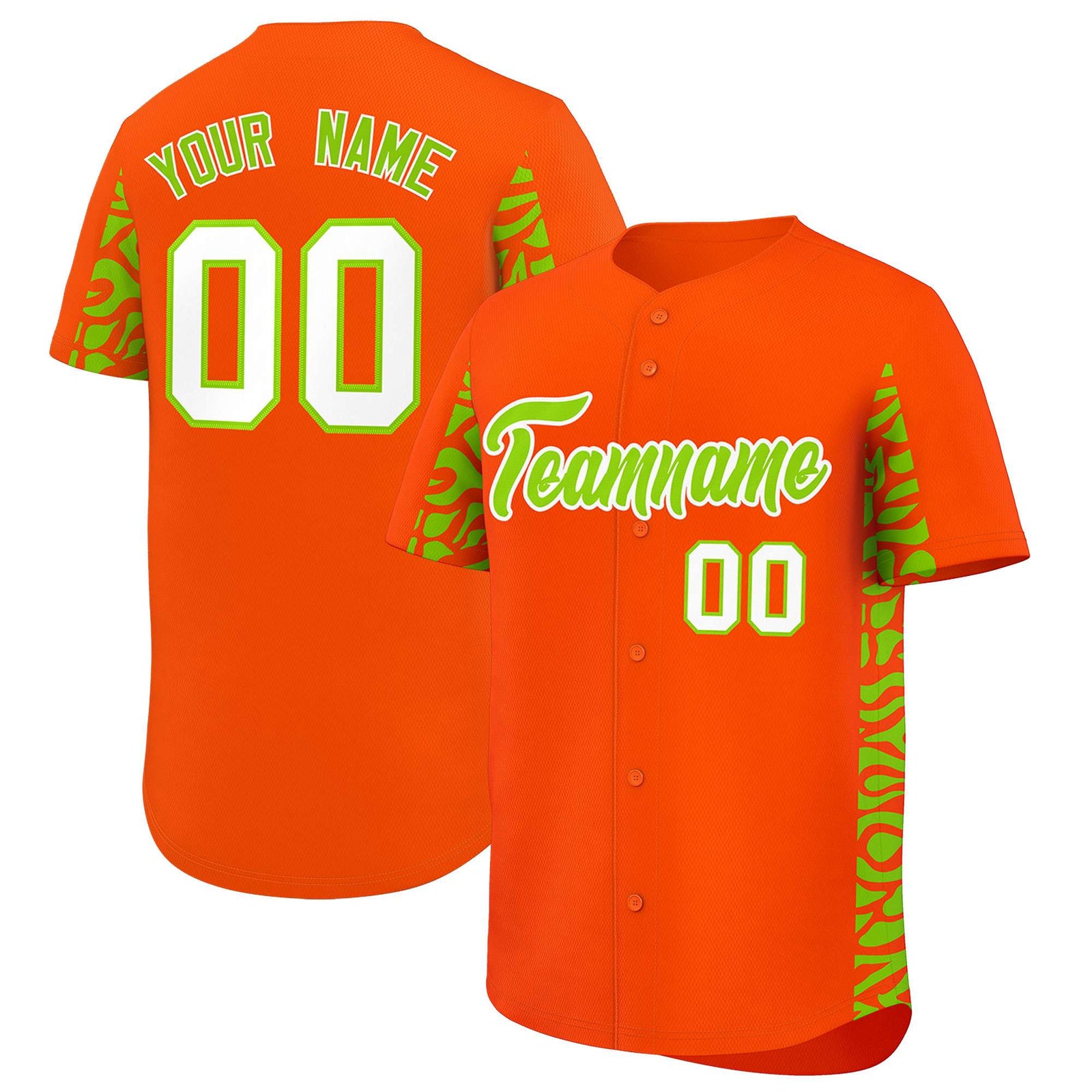 Custom Orange Neon Green Personalized Leopard Graffiti Pattern Side Design Authentic Baseball Jersey