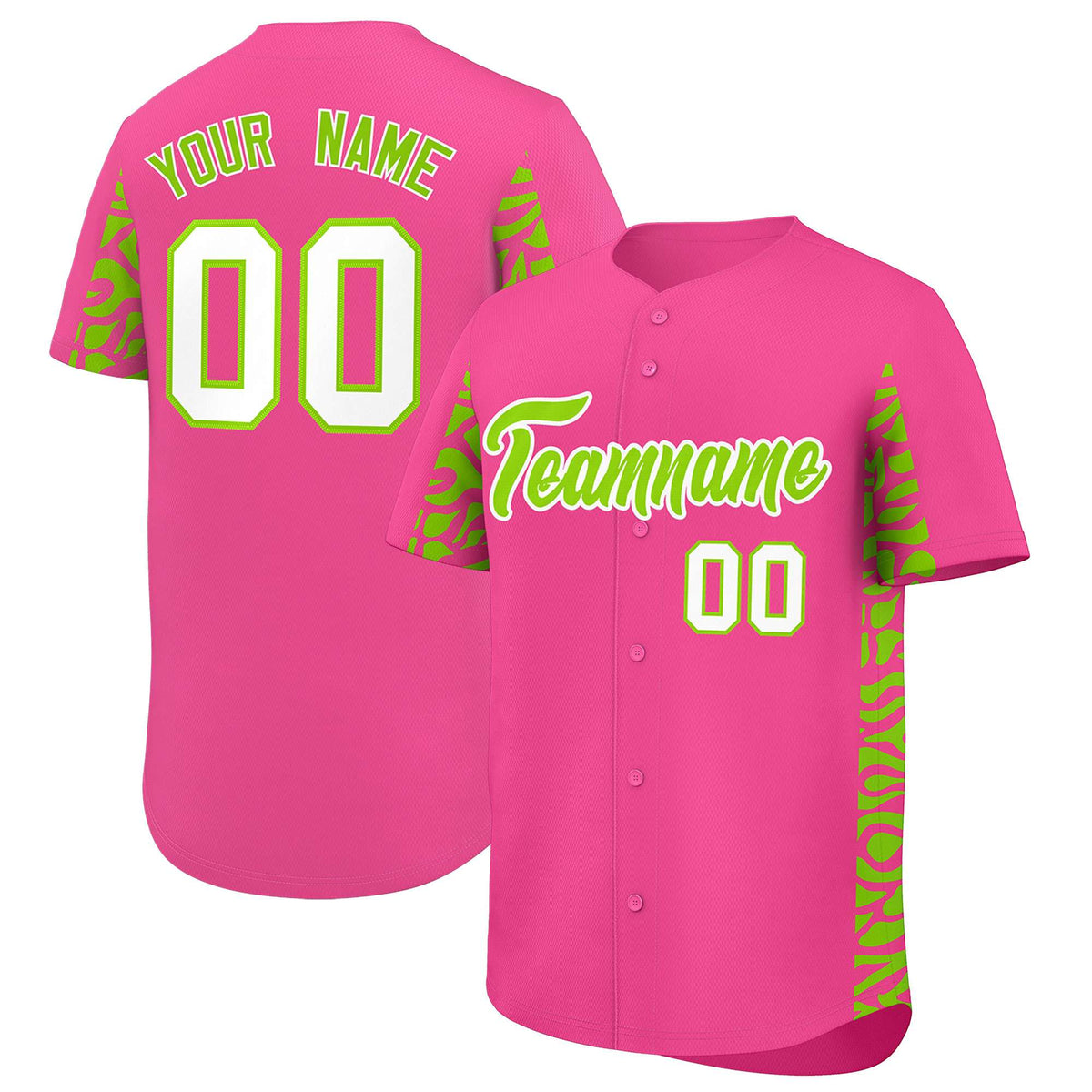 Custom Pink Neon Green Personalized Leopard Graffiti Pattern Side Design Authentic Baseball Jersey