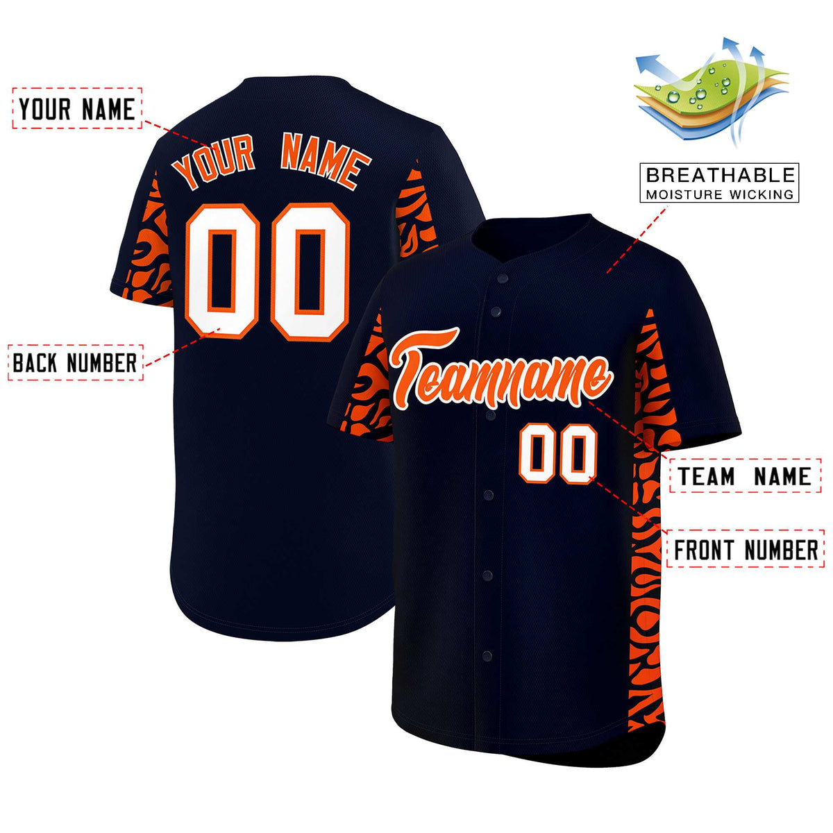 Custom Navy Orange Personalized Leopard Graffiti Pattern Side Design Authentic Baseball Jersey