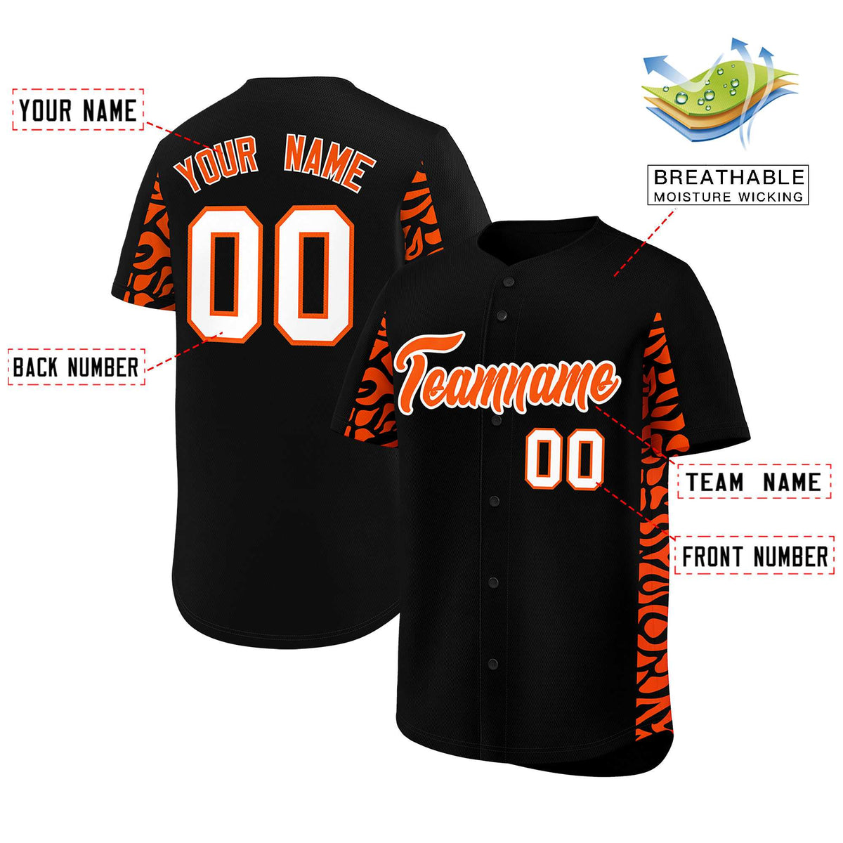 Custom Black Orange Personalized Leopard Graffiti Pattern Side Design Authentic Baseball Jersey